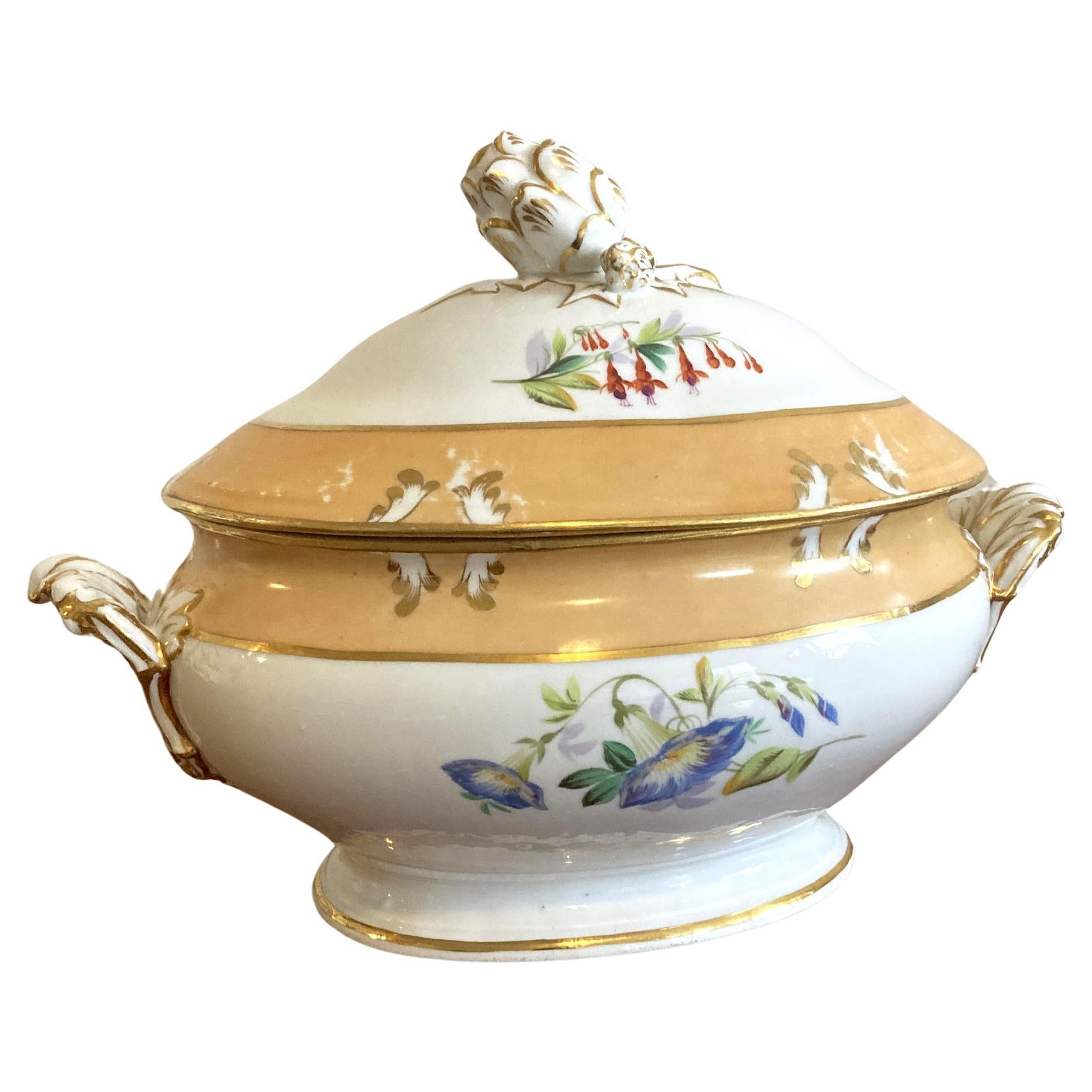 French Porcelain Hand Painted Floral Tureen, Acorn Detail, Late 19th Century For Sale