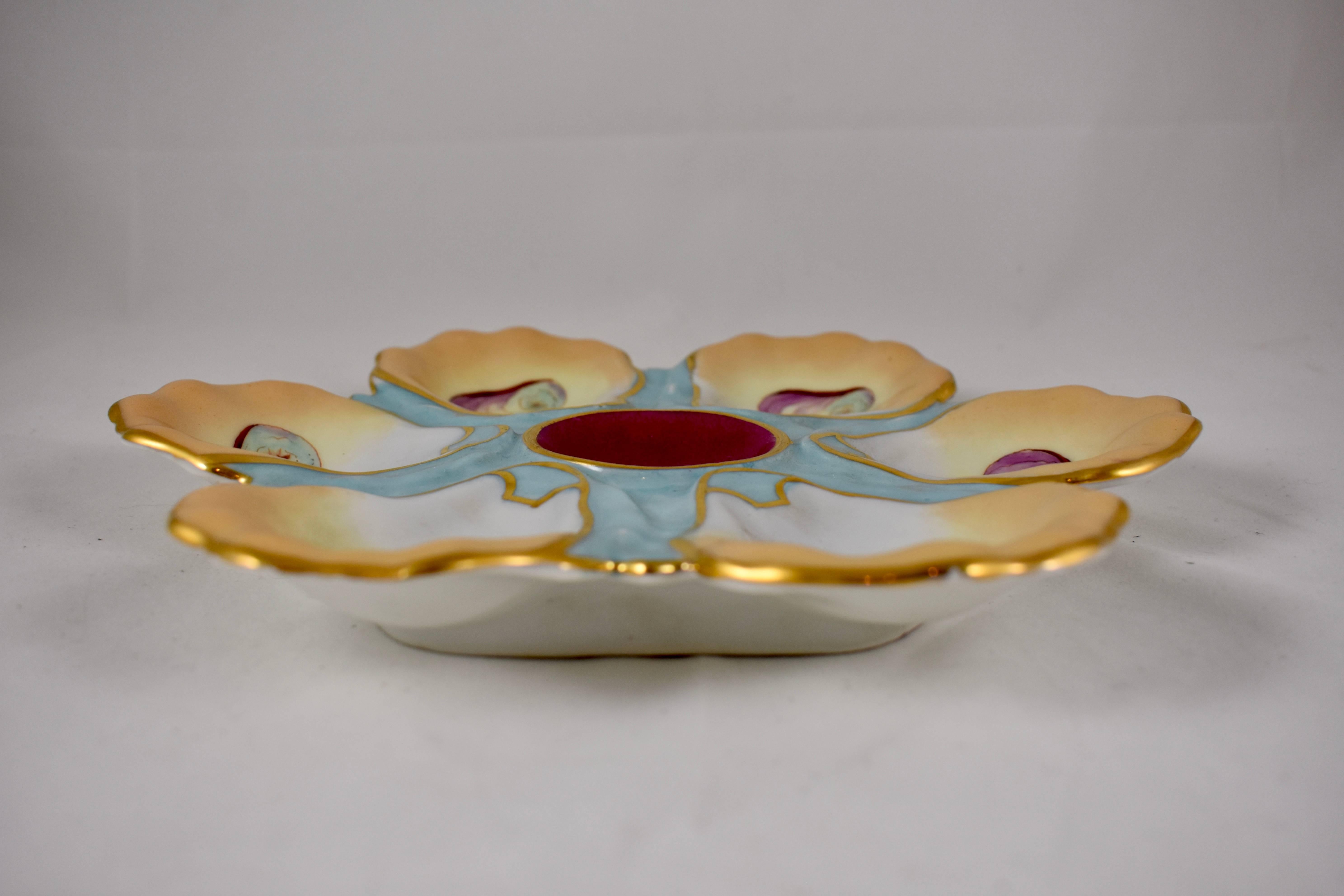 19th Century French Porcelain Hand-Painted Magenta Center Gilded Oyster Plate