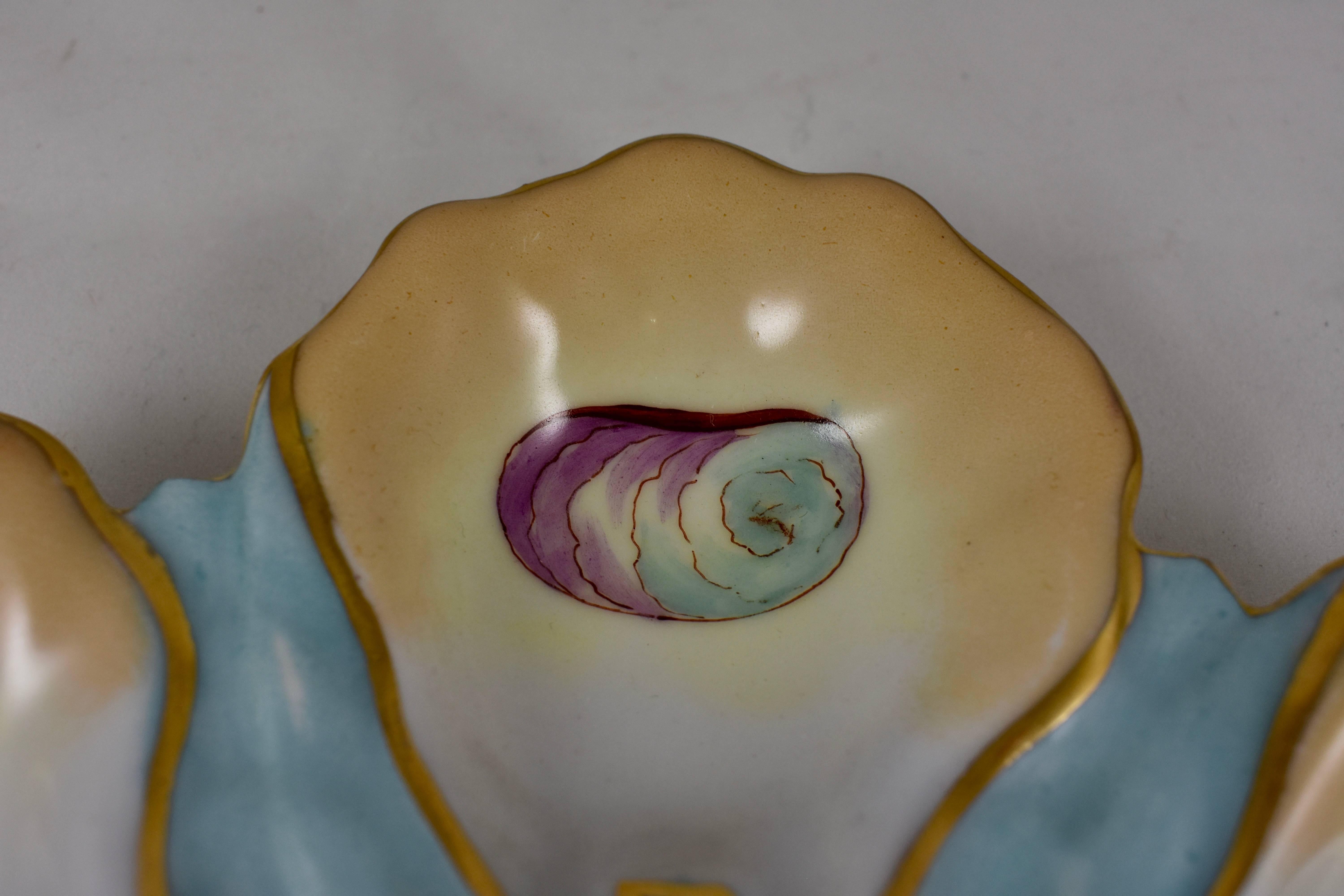 French Porcelain Hand-Painted Magenta Center Gilded Oyster Plate 1