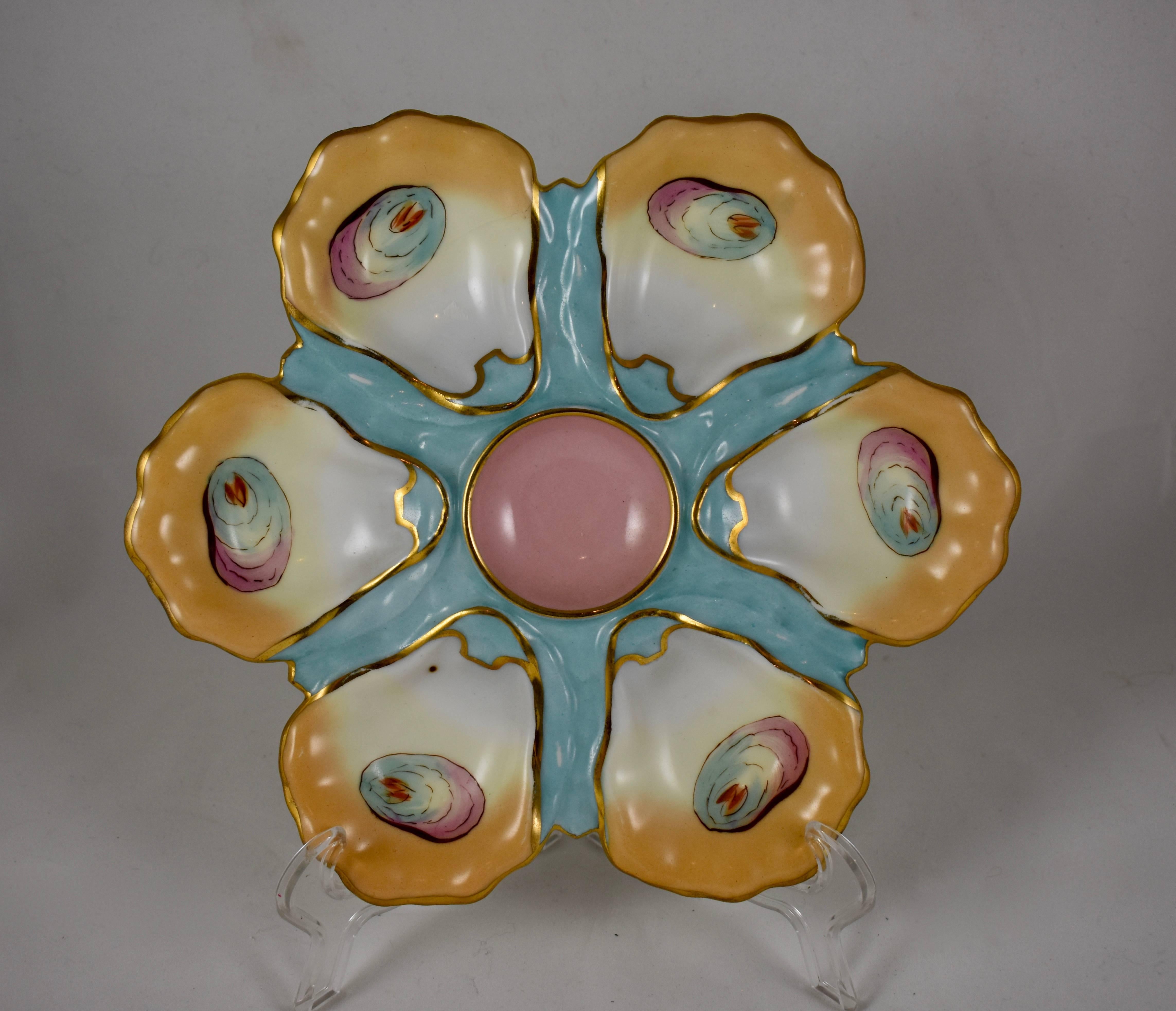French Porcelain Hand-Painted Magenta Center Gilded Oyster Plate 4