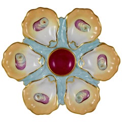 French Porcelain Hand-Painted Magenta Center Gilded Oyster Plate