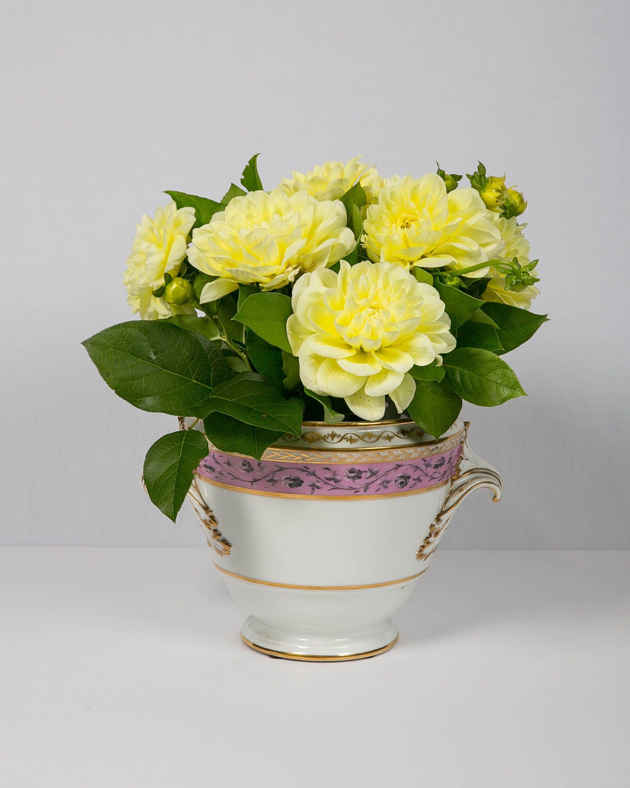 Ein Paar elegante lavendelfarbene Eiskübel aus französischem Porzellan aus dem 18. Jahrhundert:: bemalt mit Rosen in Grisaille innerhalb breiter lavendelfarbener Streifen. Die Eiskübel haben aufwändig vergoldete Griffe und vergoldete Ananas-Finials.