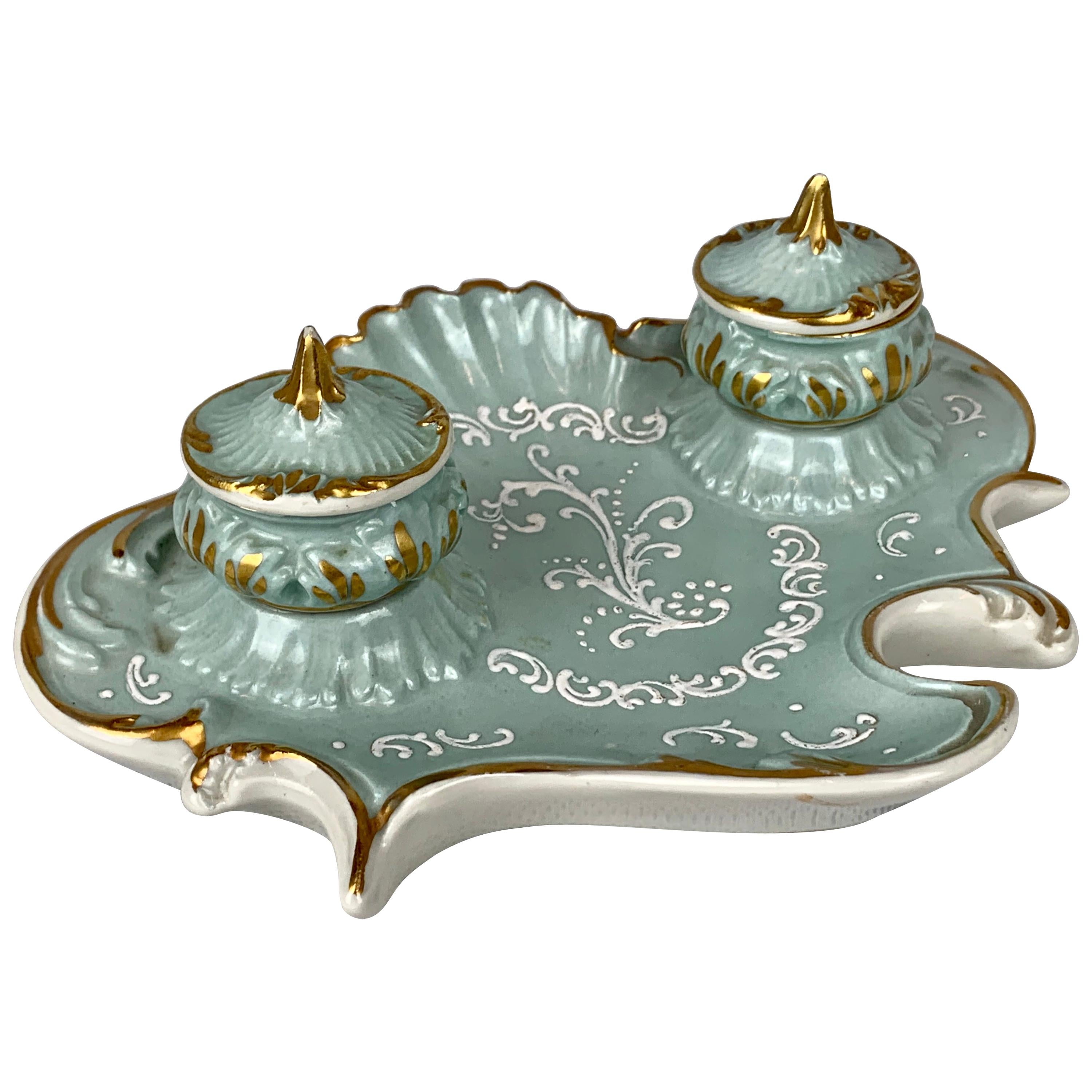 White Pate-sur-Pate Enameled French Porcelain Inkstand 