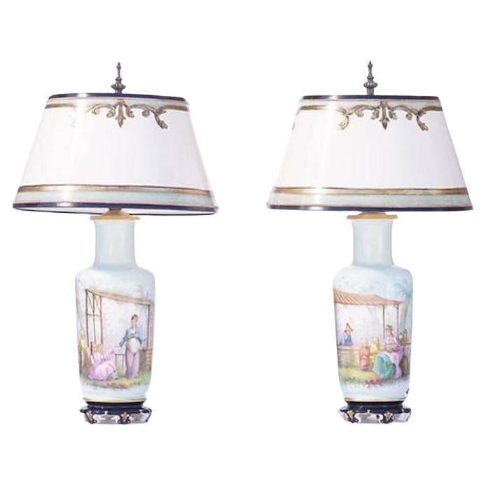 Lámparas Francesas de Porcelana con Tema de Chinoiserie, Siglo XIX