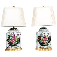 French Porcelain Late 20th Century Pair Lamps with Wood Base