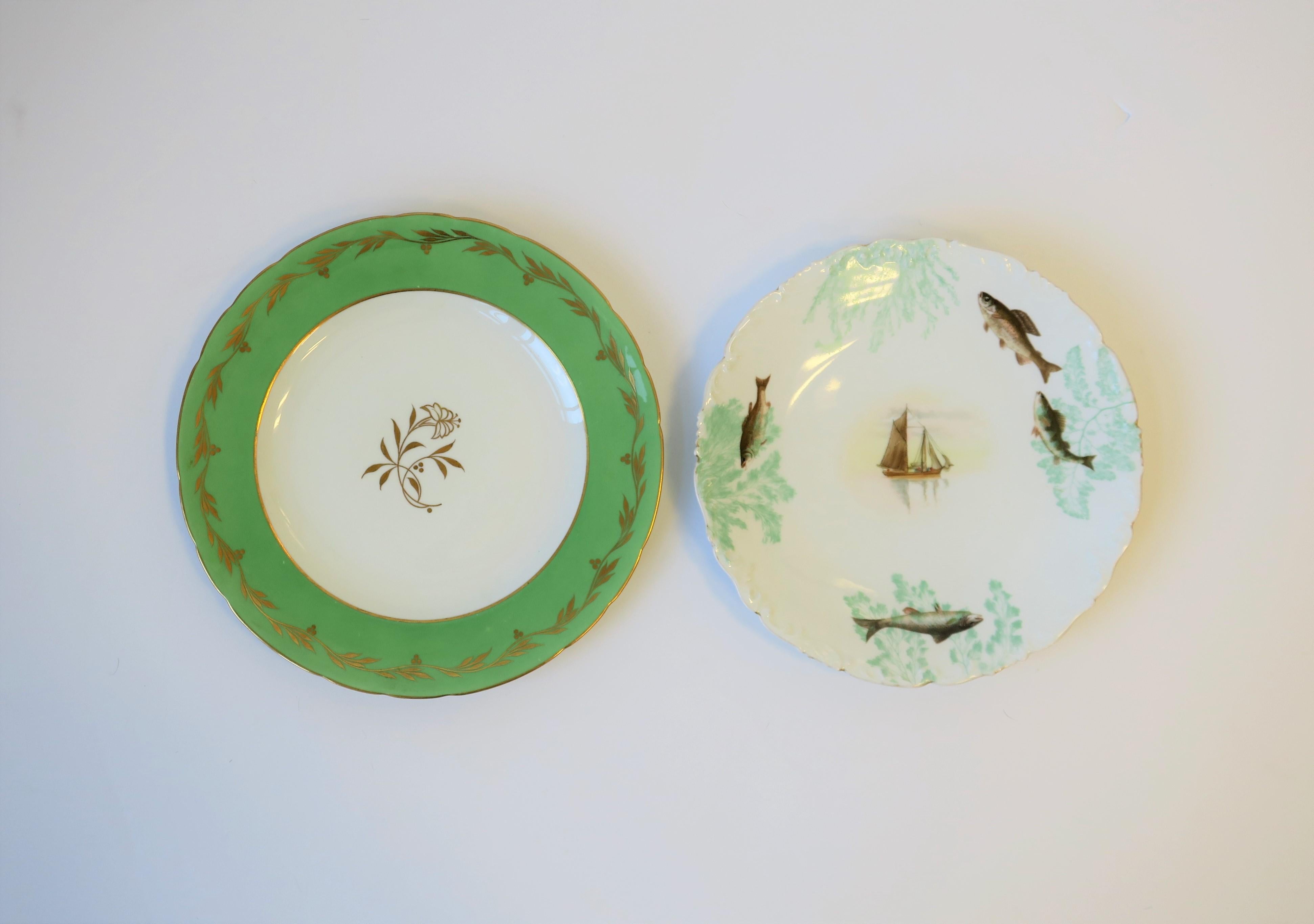 French Limoges Porcelain Dinner Plates with Rustic Fish & Boat Design, Set of 8 For Sale 12