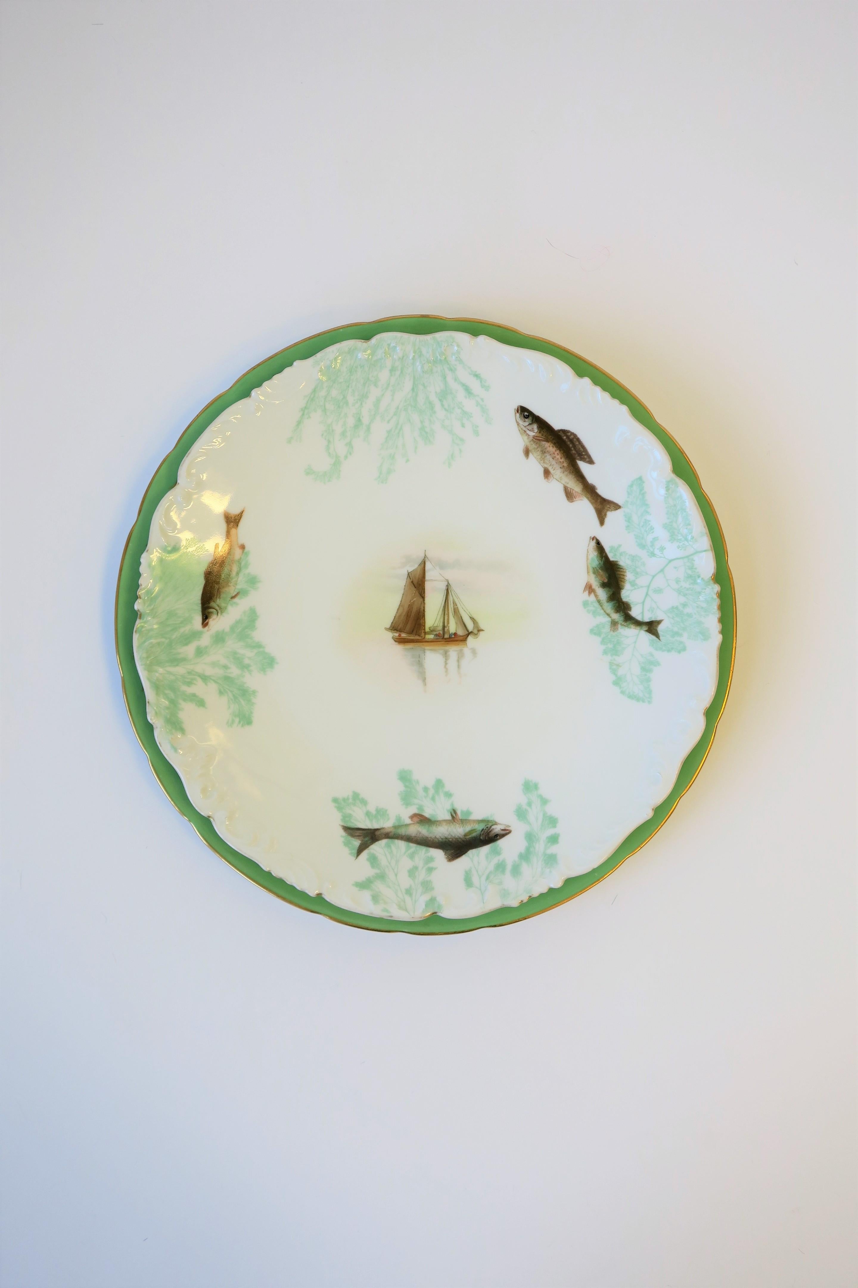 French Limoges Porcelain Dinner Plates with Rustic Fish & Boat Design, Set of 8 For Sale 13