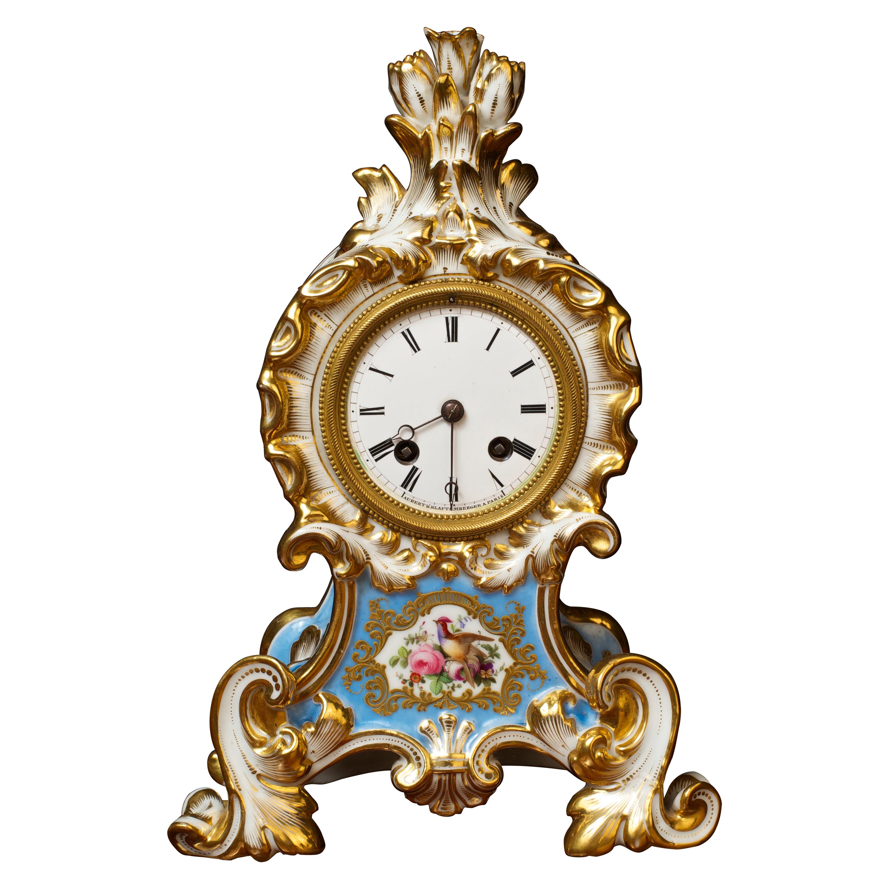 French Porcelain Mantel Clock by Aubert Klaftenberger, Paris For Sale