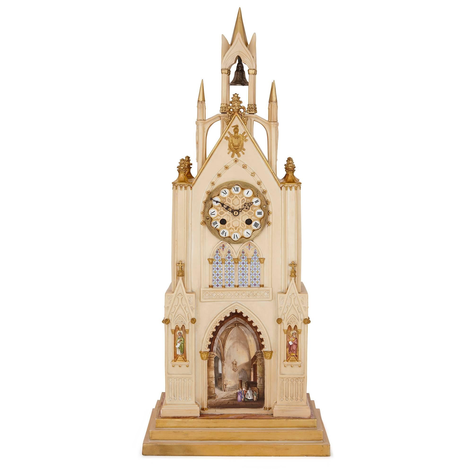 Cette magnifique horloge en porcelaine de style néo-gothique a été fabriquée par la prestigieuse maison française Dagoty et Honore, fondée par les porcelainiers estimés Pierre-Louis Dagoty et Edouard Honore. Au début du XIXe siècle, la fabrique de