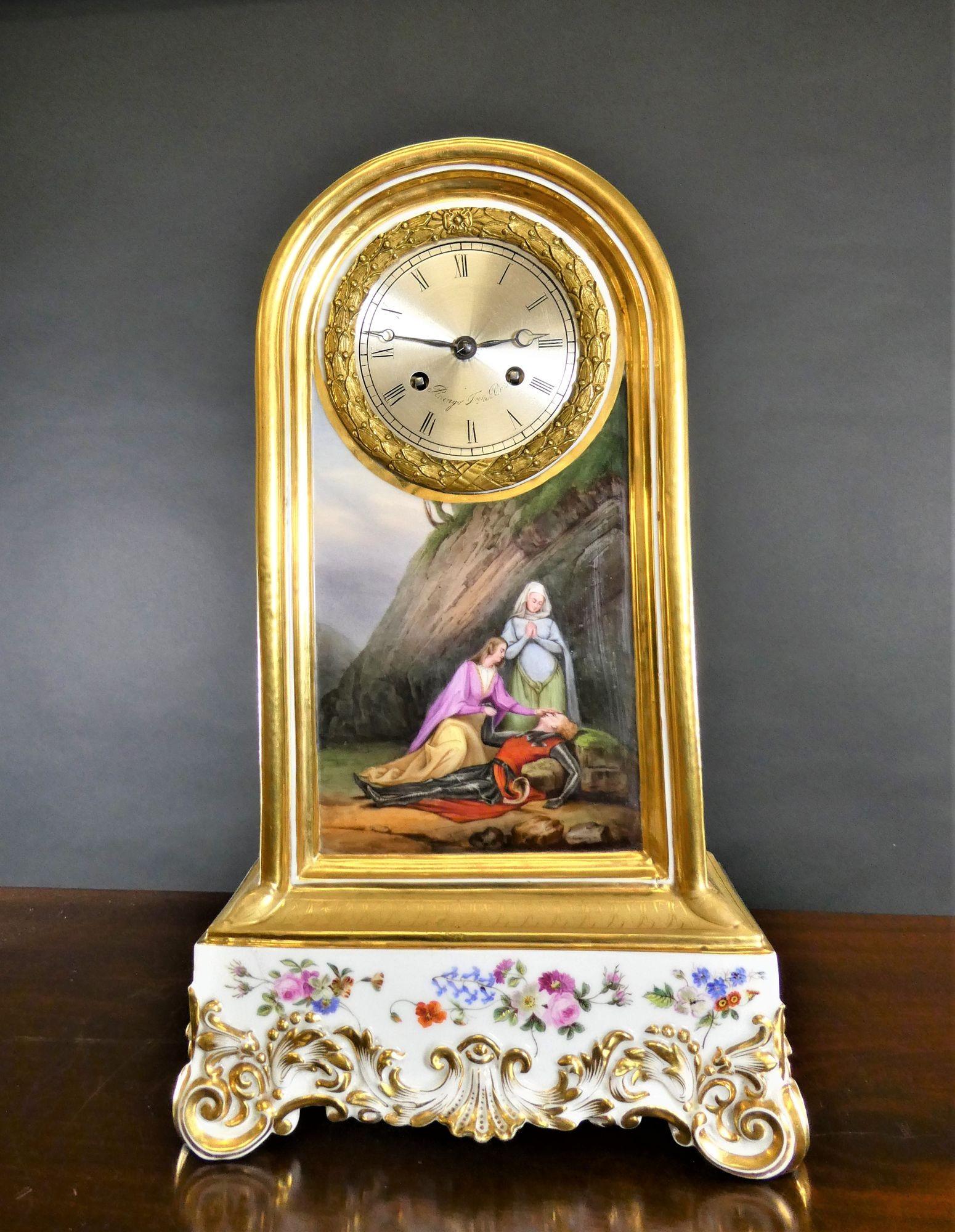 French Porcelain Mantel clock by Raingo Freres, Paris
 
French porcelain mantel clock housed in an arch top case with raised stepped plinth and resting on scroll feet. Outstanding hand painted panel to the front with gilt surround depicting two