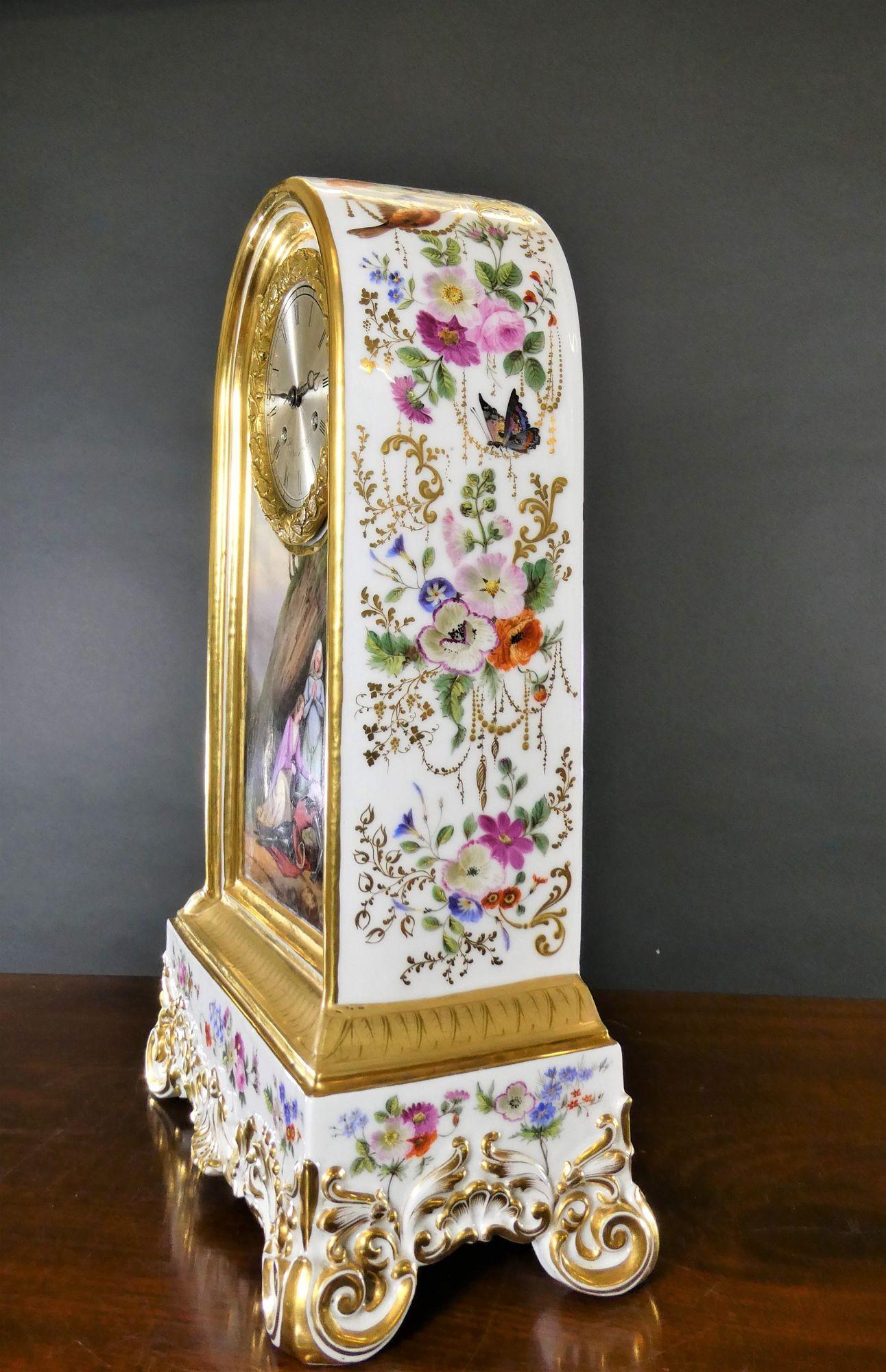 French Porcelain Mantel Clock by Raingo Freres, Paris In Good Condition For Sale In Norwich, GB