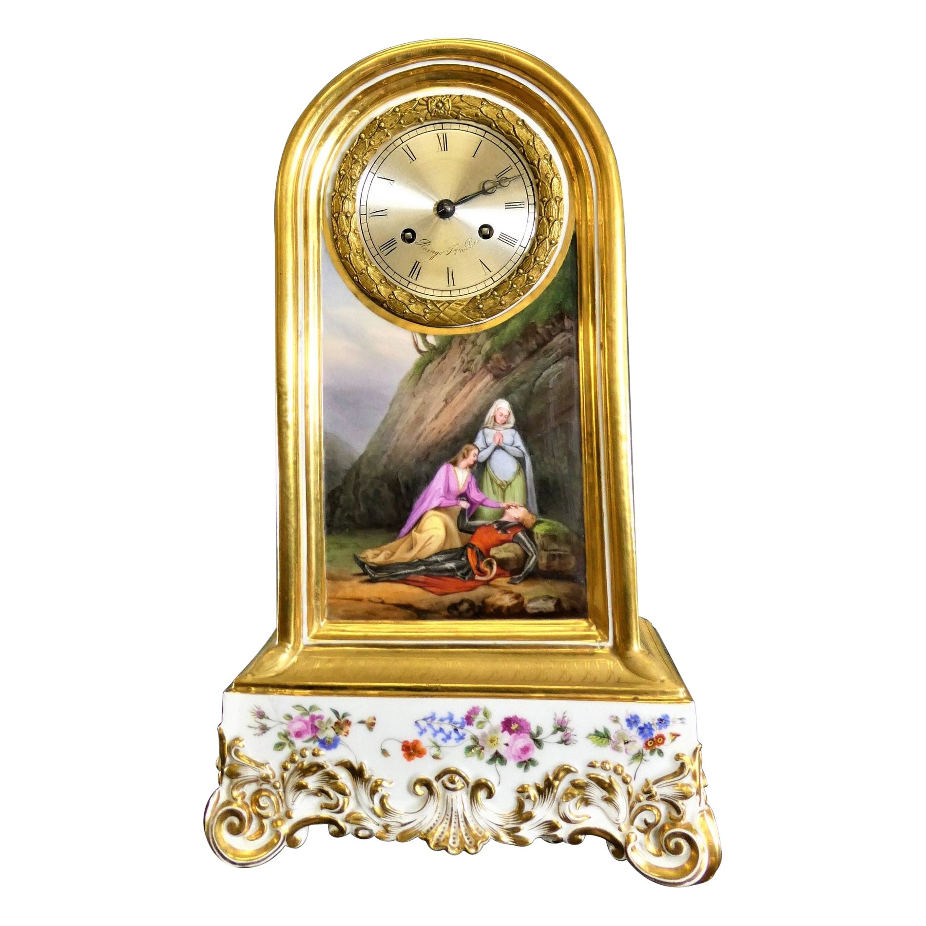 French Porcelain Mantel Clock by Raingo Freres, Paris