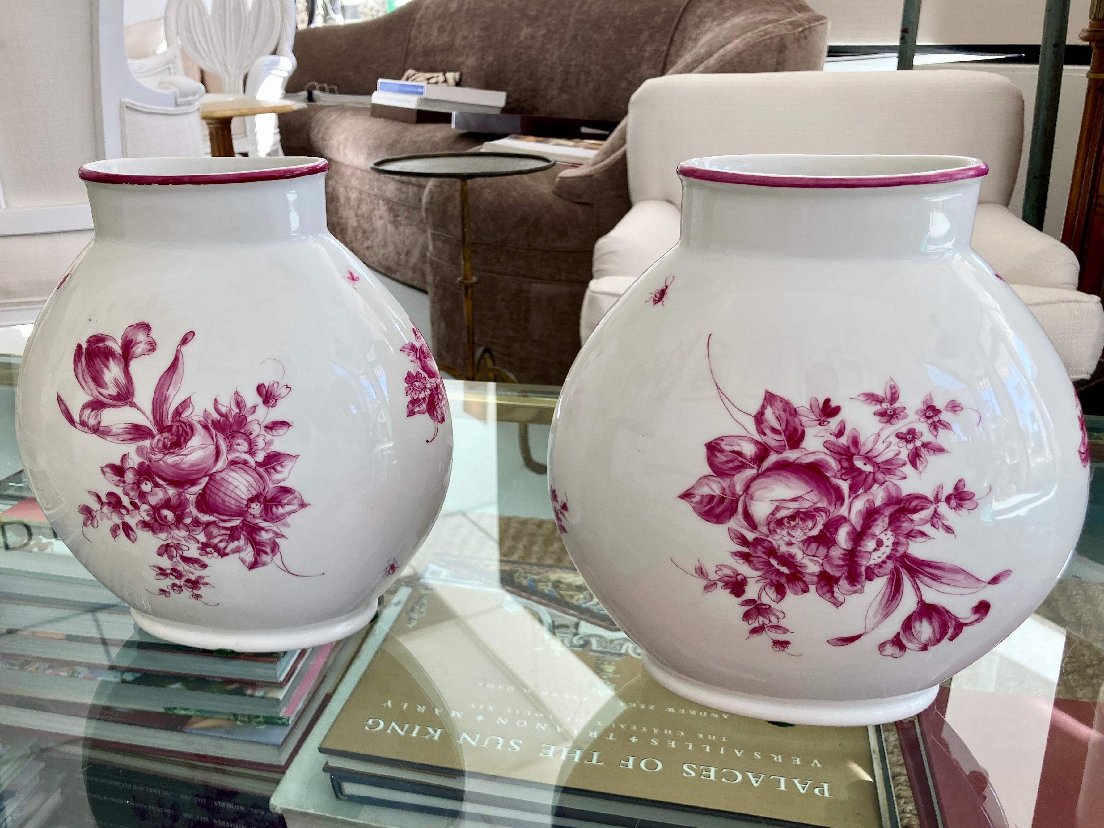 French Porcelain Oval Vases, a Pair In Good Condition For Sale In Los Angeles, CA