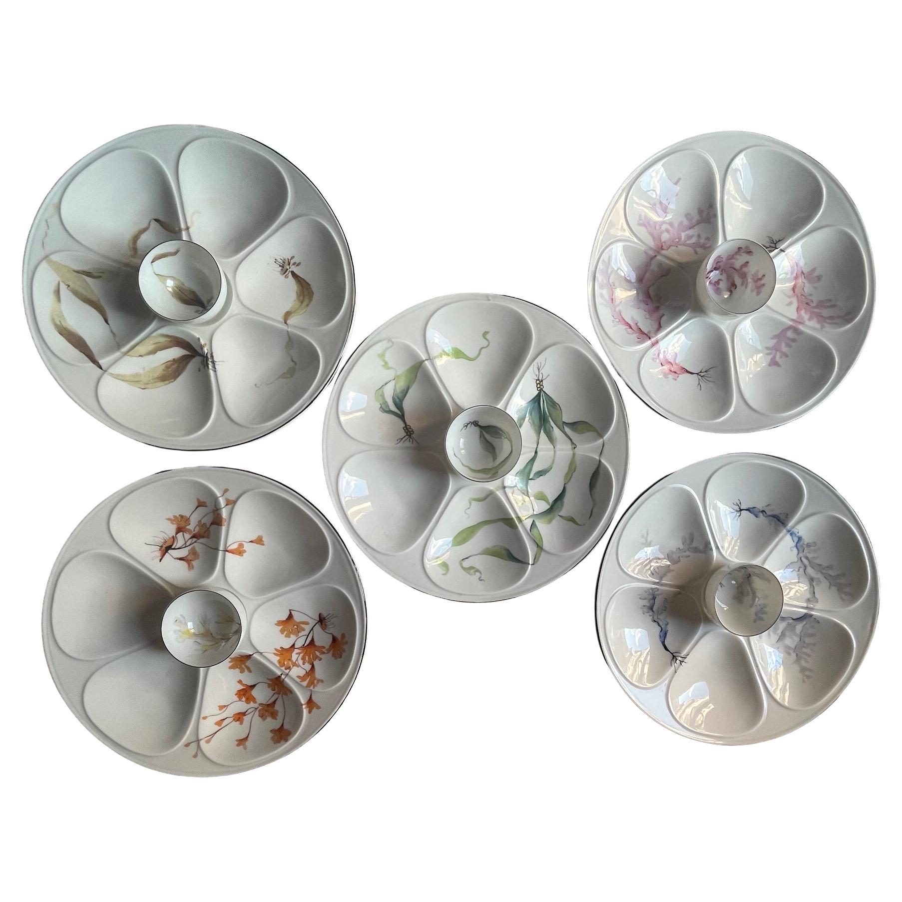 French Porcelain Oyster Plates with Seaweeds Limoges