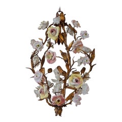 Antique French Porcelain Pastel Roses Tole with Cherub Chandelier, circa 1920