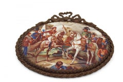 French Porcelain Plaque of Napoleon in a Battle Scene in Gilt Bow Knot Frame