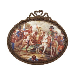 French Porcelain Plaque of Napoleon in a Battle Scene in Gilt Bow Knot Frame