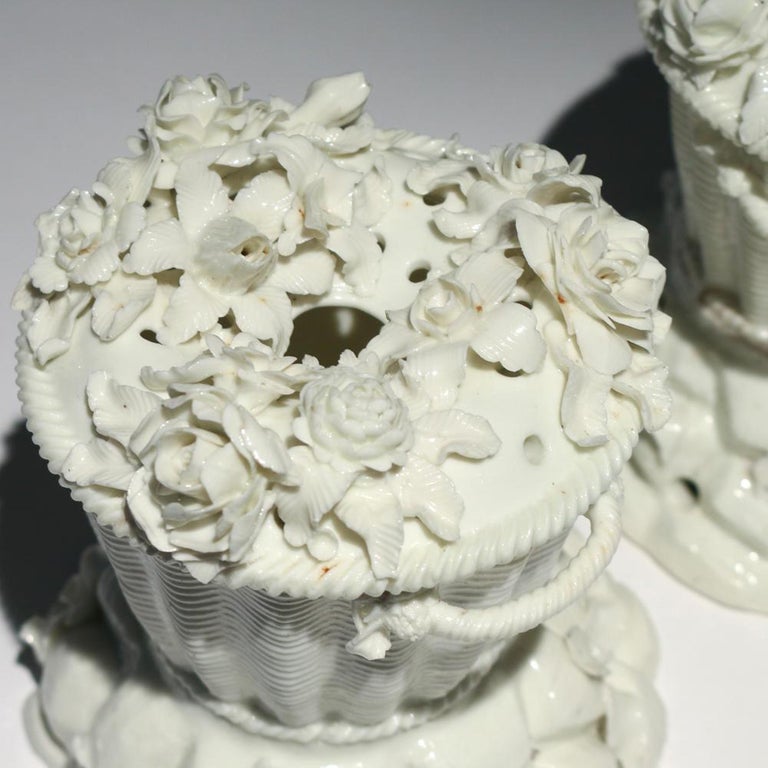 French Porcelain Potpourri Jars and Covers Modelled as Lidded Baskets