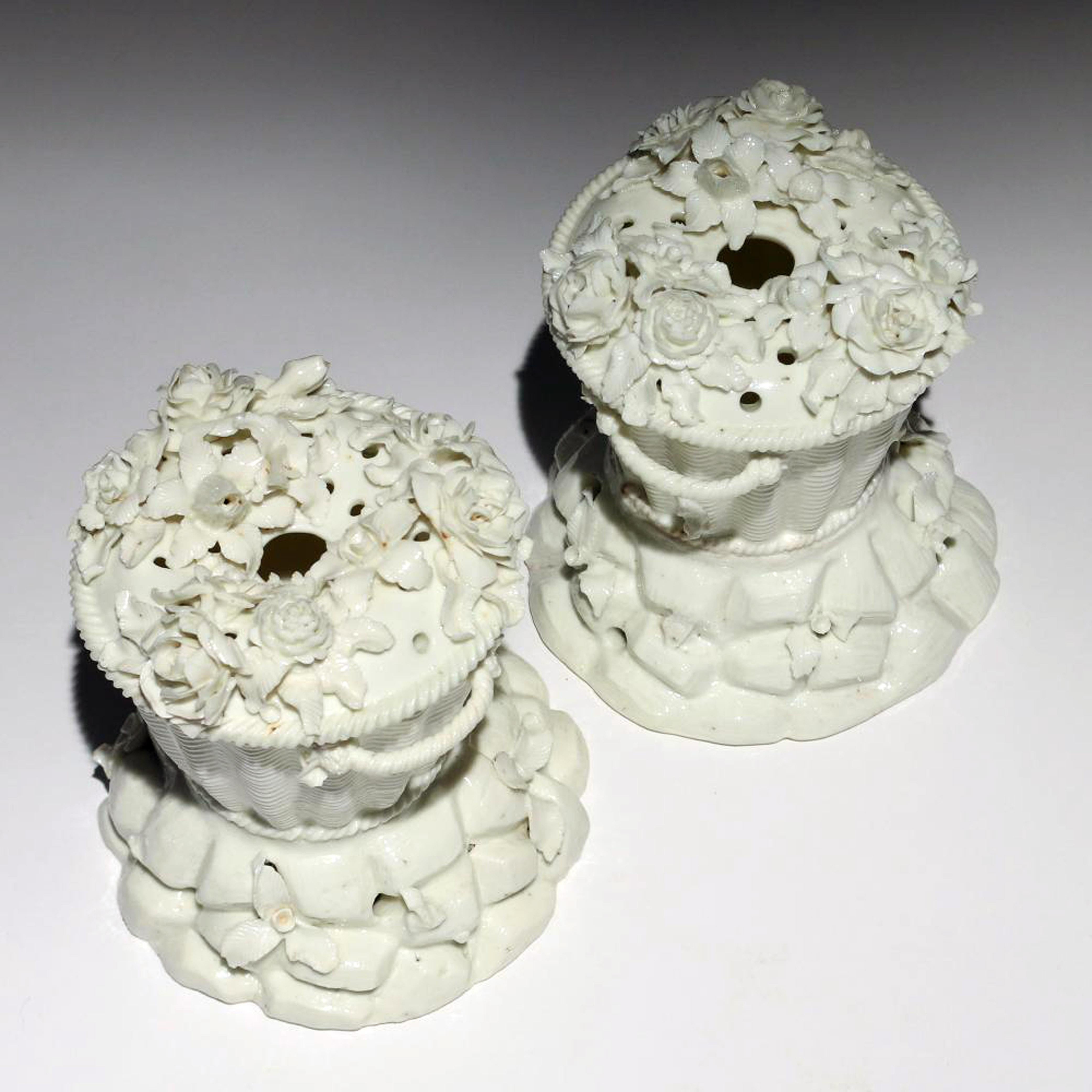 French Porcelain Potpourri Jars & Covers Modelled as Lidded Baskets, St. Cloud 1