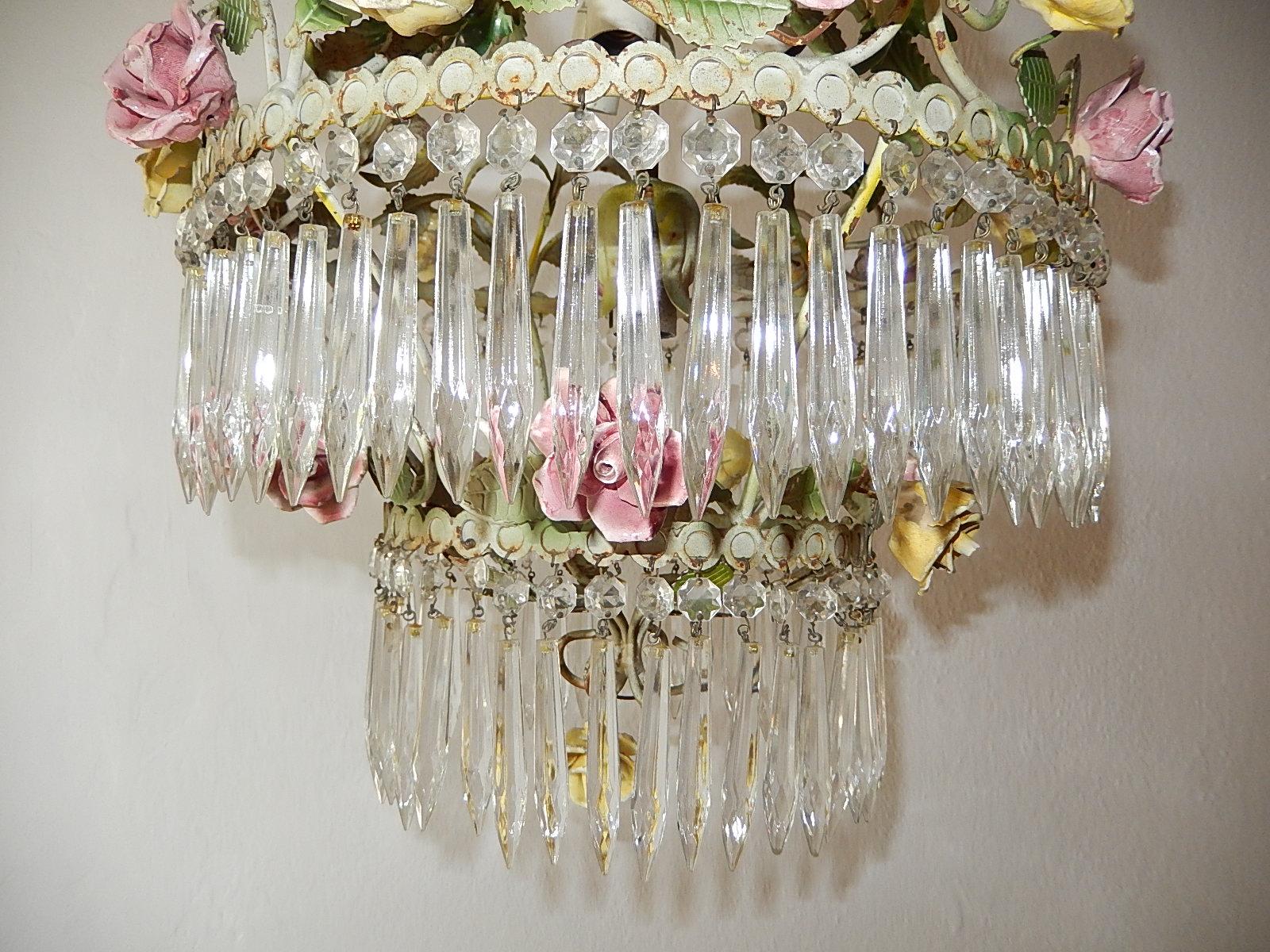 French Porcelain Rose and Crystal Prisms, Four-Tier Chandelier circa 1940 For Sale 6