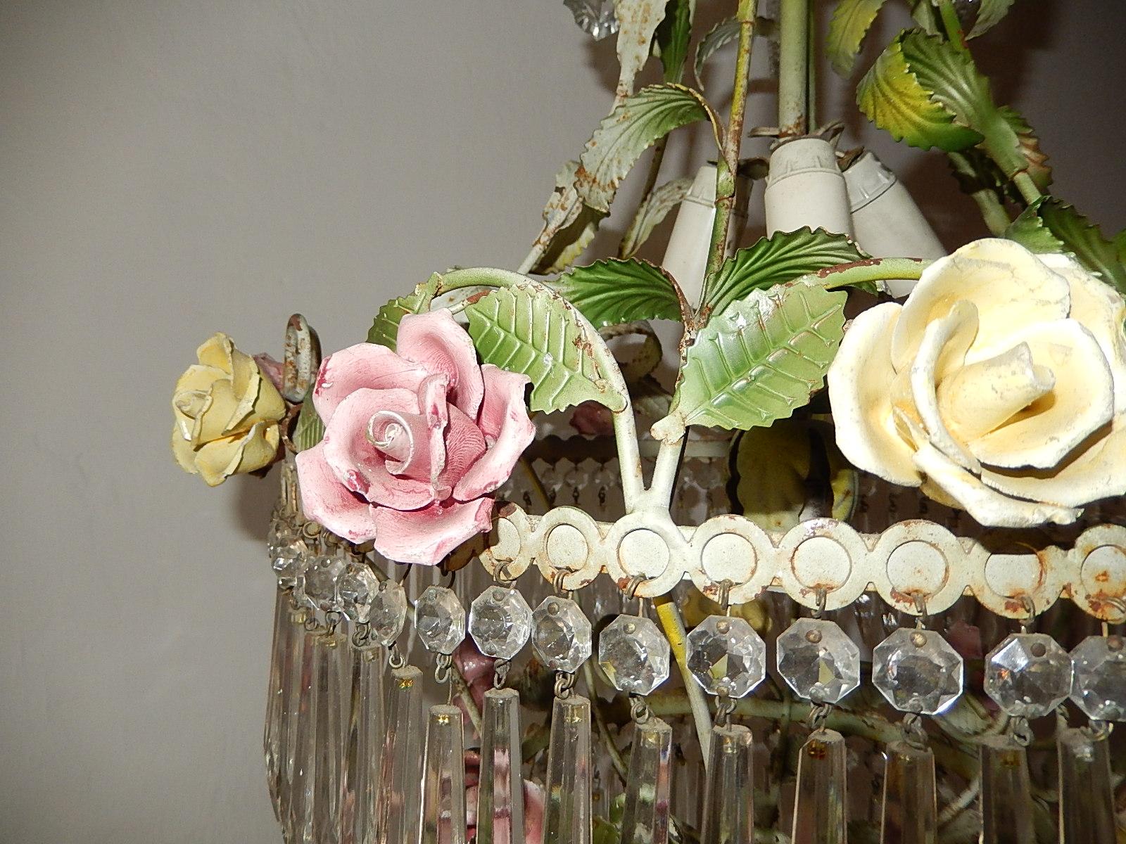 French Porcelain Rose and Crystal Prisms, Four-Tier Chandelier circa 1940 For Sale 7