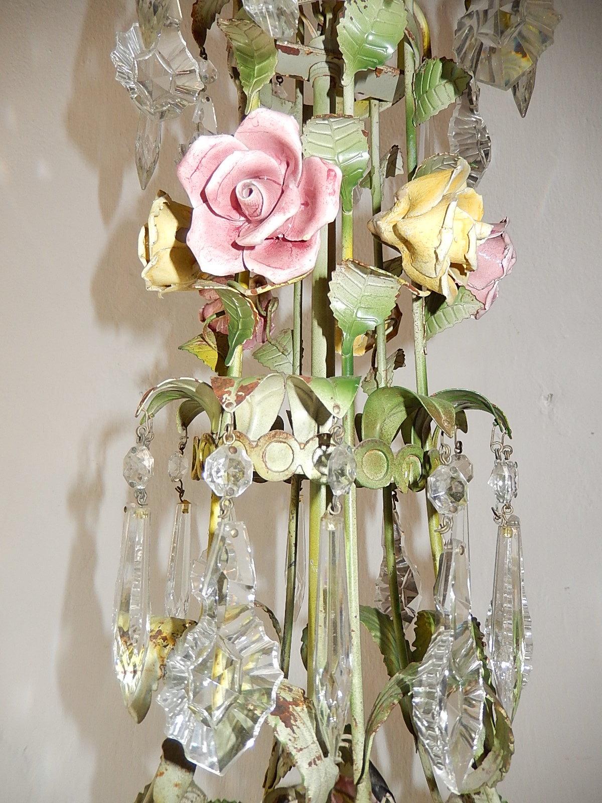 French Porcelain Rose and Crystal Prisms, Four-Tier Chandelier circa 1940 For Sale 8