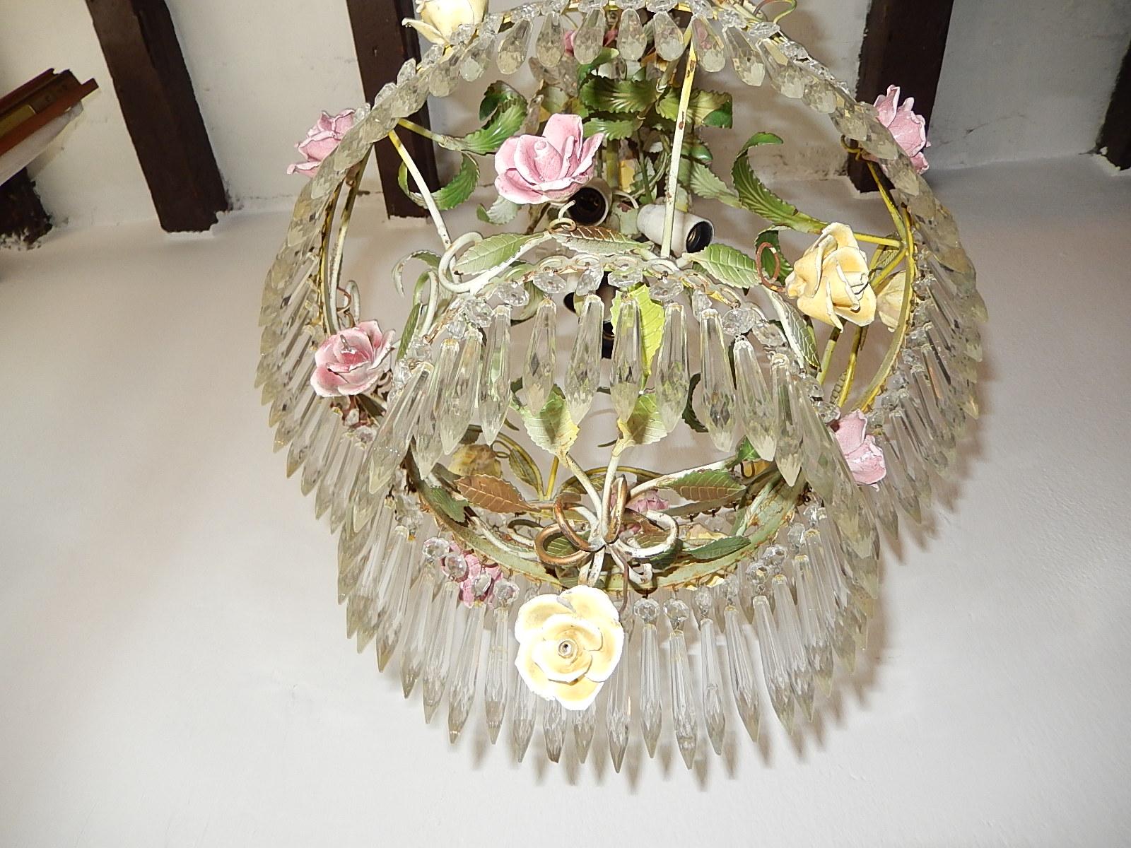 Mid-20th Century French Porcelain Rose and Crystal Prisms, Four-Tier Chandelier circa 1940 For Sale