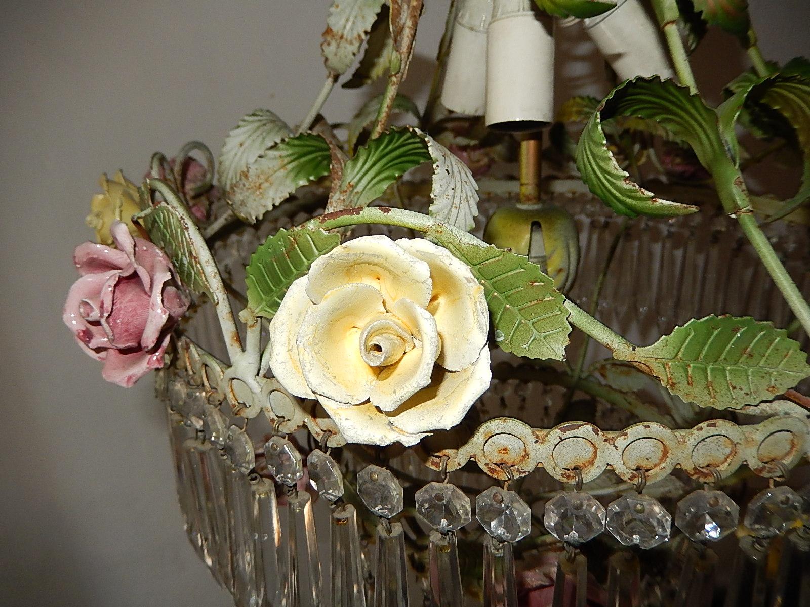 French Porcelain Rose and Crystal Prisms, Four-Tier Chandelier circa 1940 For Sale 1