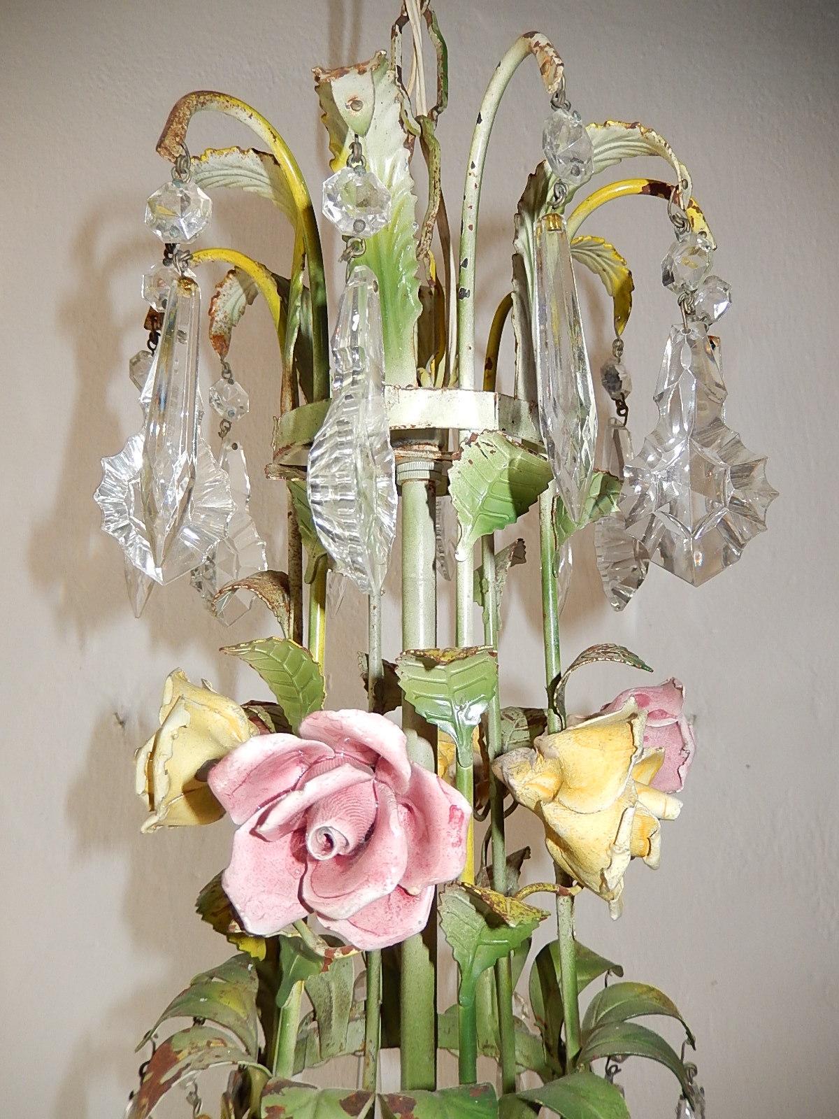 French Porcelain Rose and Crystal Prisms, Four-Tier Chandelier circa 1940 For Sale 2