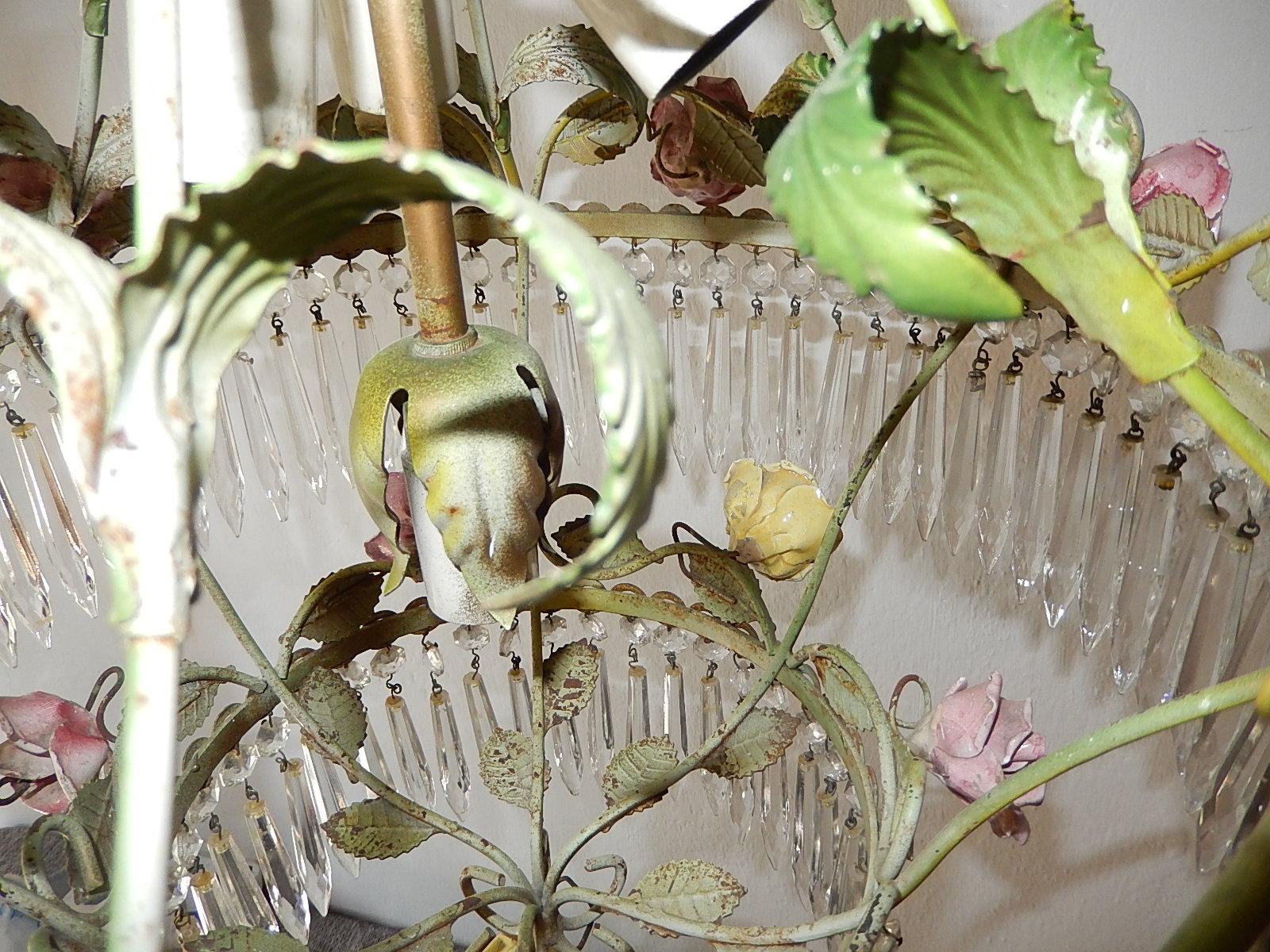 French Porcelain Rose and Crystal Prisms, Four-Tier Chandelier circa 1940 For Sale 5