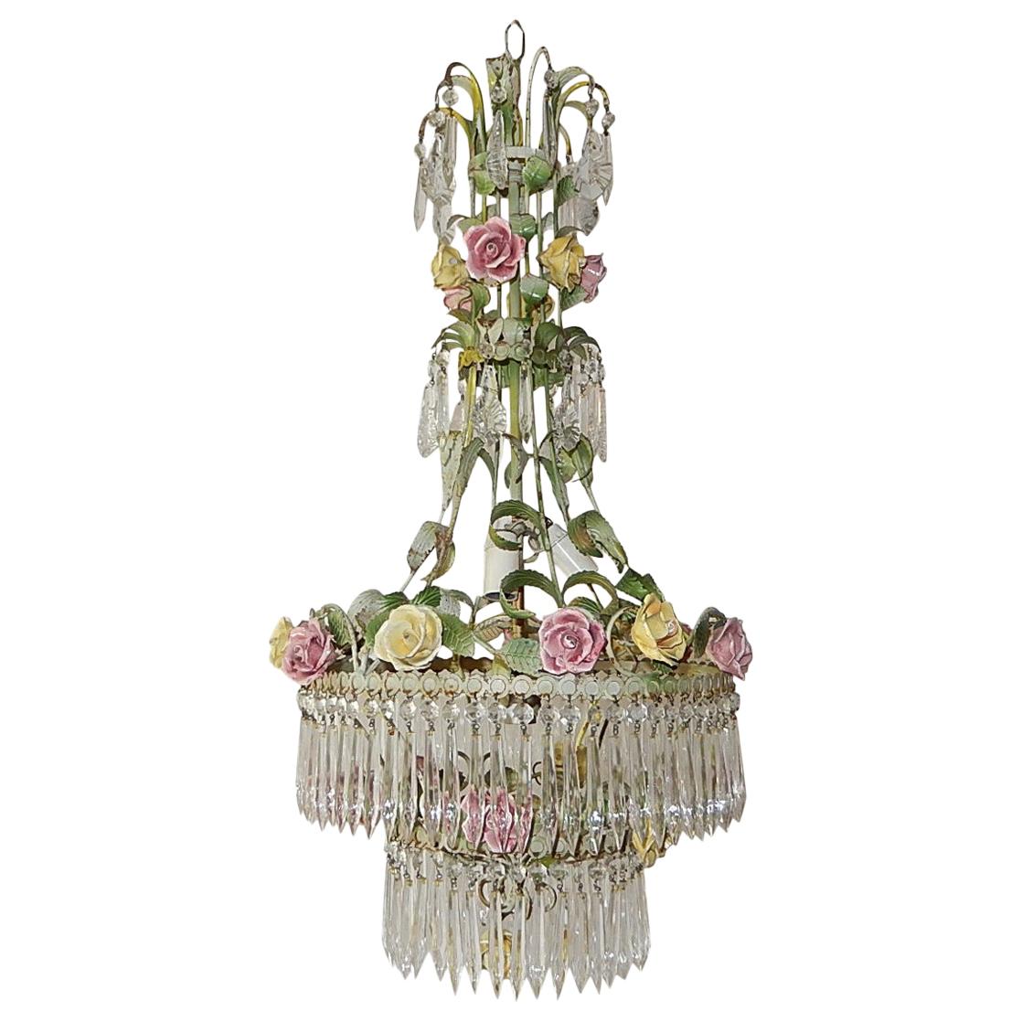 French Porcelain Rose and Crystal Prisms, Four-Tier Chandelier circa 1940 For Sale