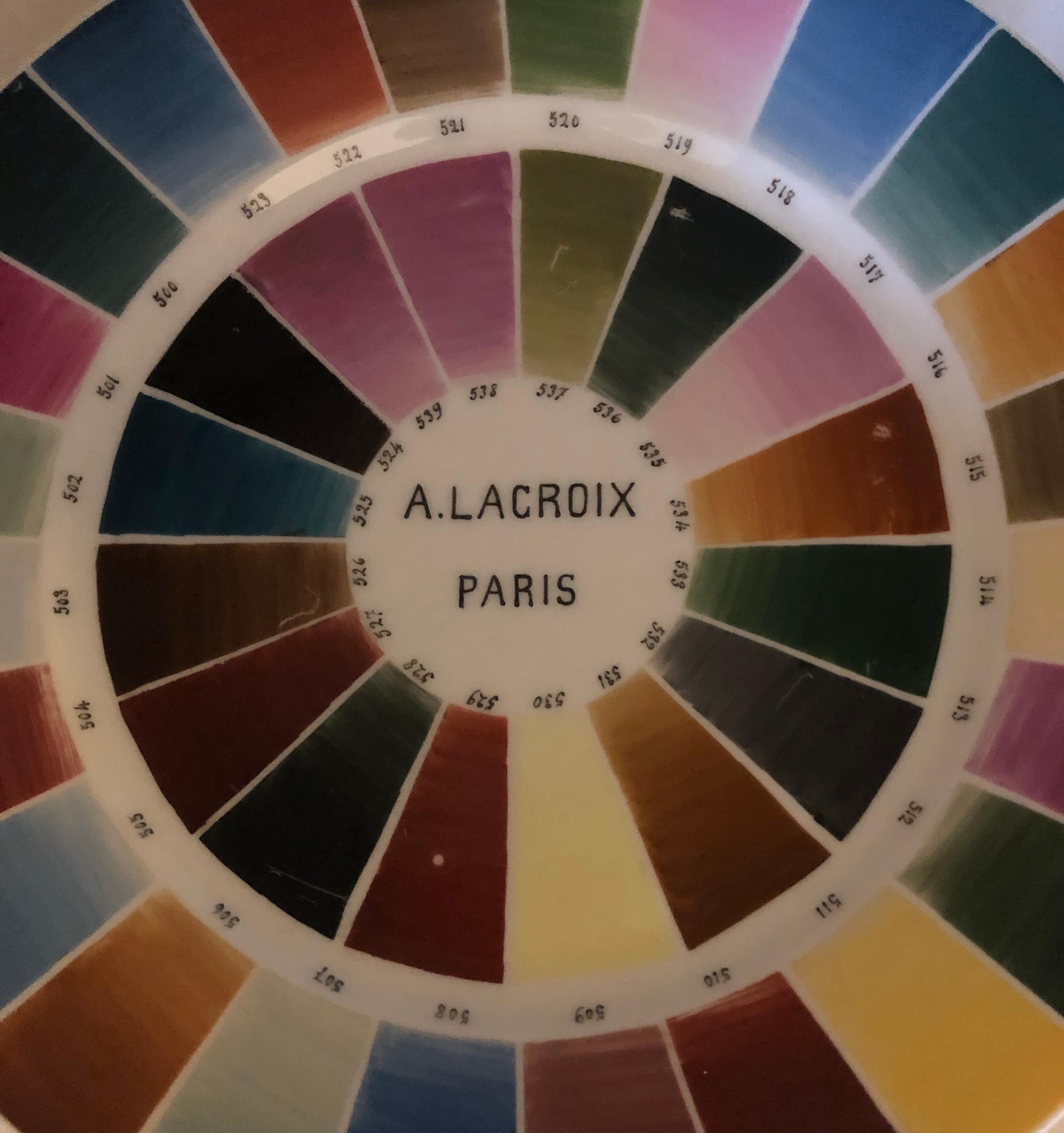 Consisting of various hand-enameled numbers over-glaze beneath tapering rectangular color tabs.
Mark to front painted over glaze: A. Lacroix Paris
Mark to revers: 