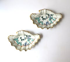 French Porcelain Seashell Bowls with Bird Design, Pair