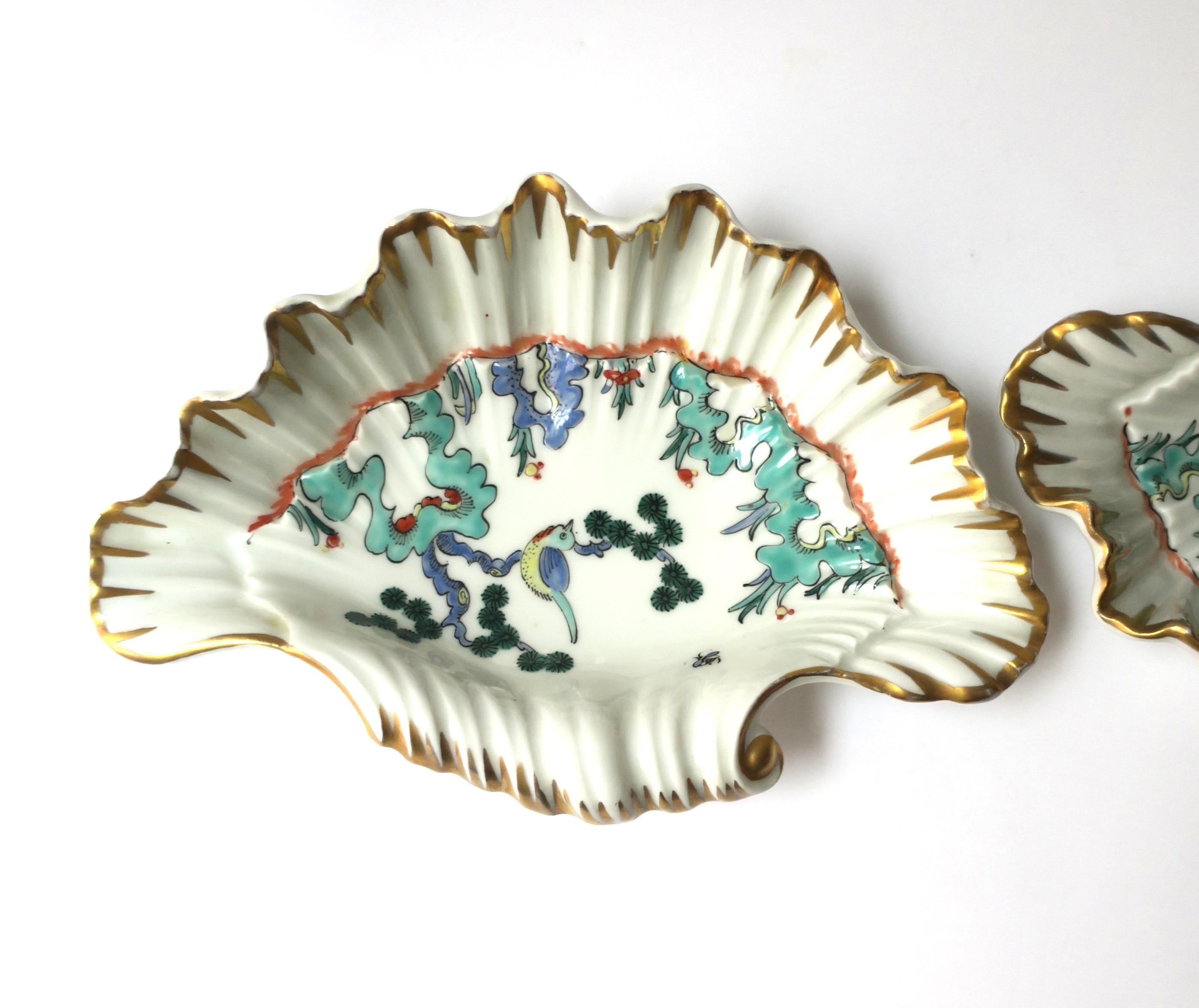 Glazed French Porcelain Seashell Bowls with Bird Design, Pair For Sale