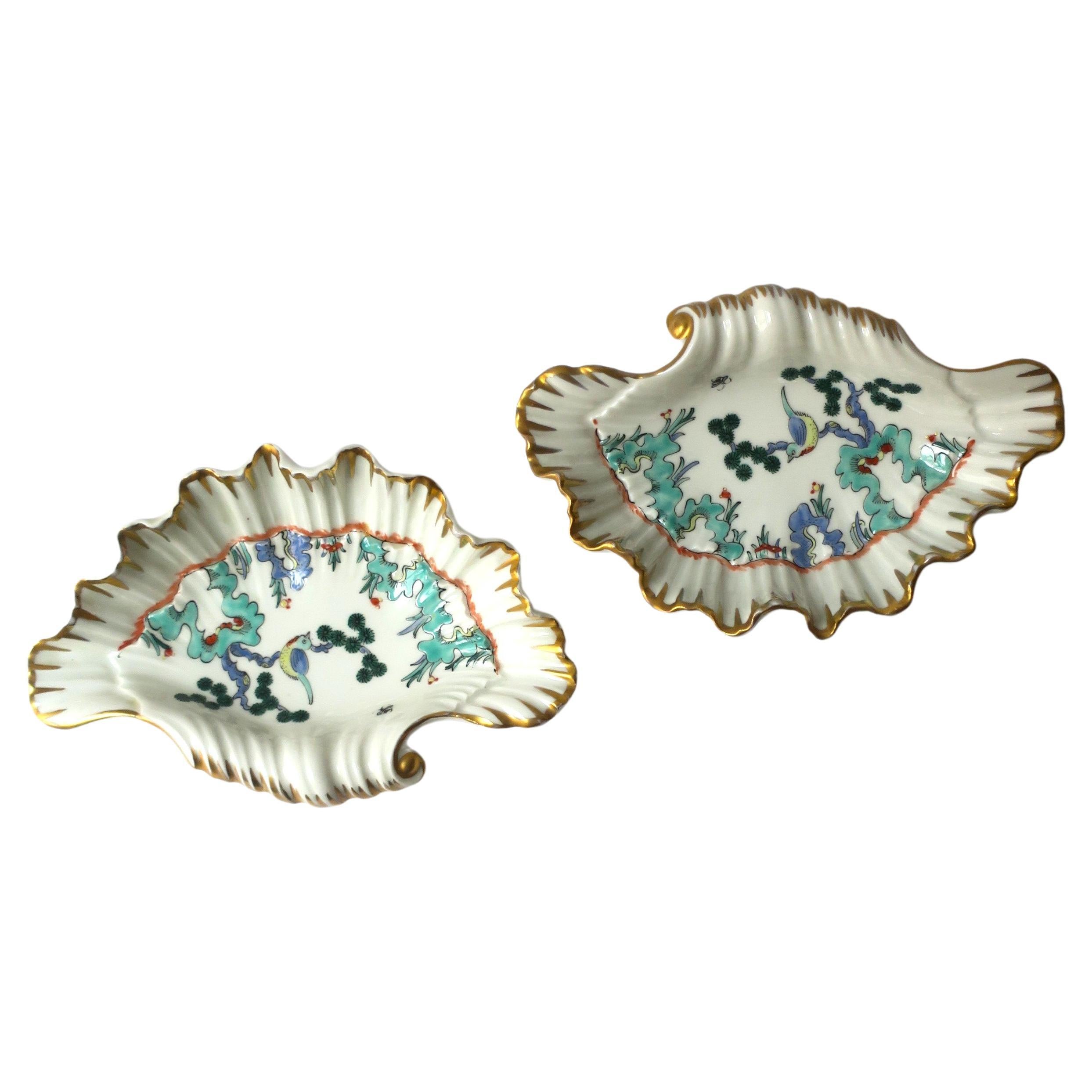 French Porcelain Seashell Bowls with Bird Design, Pair For Sale