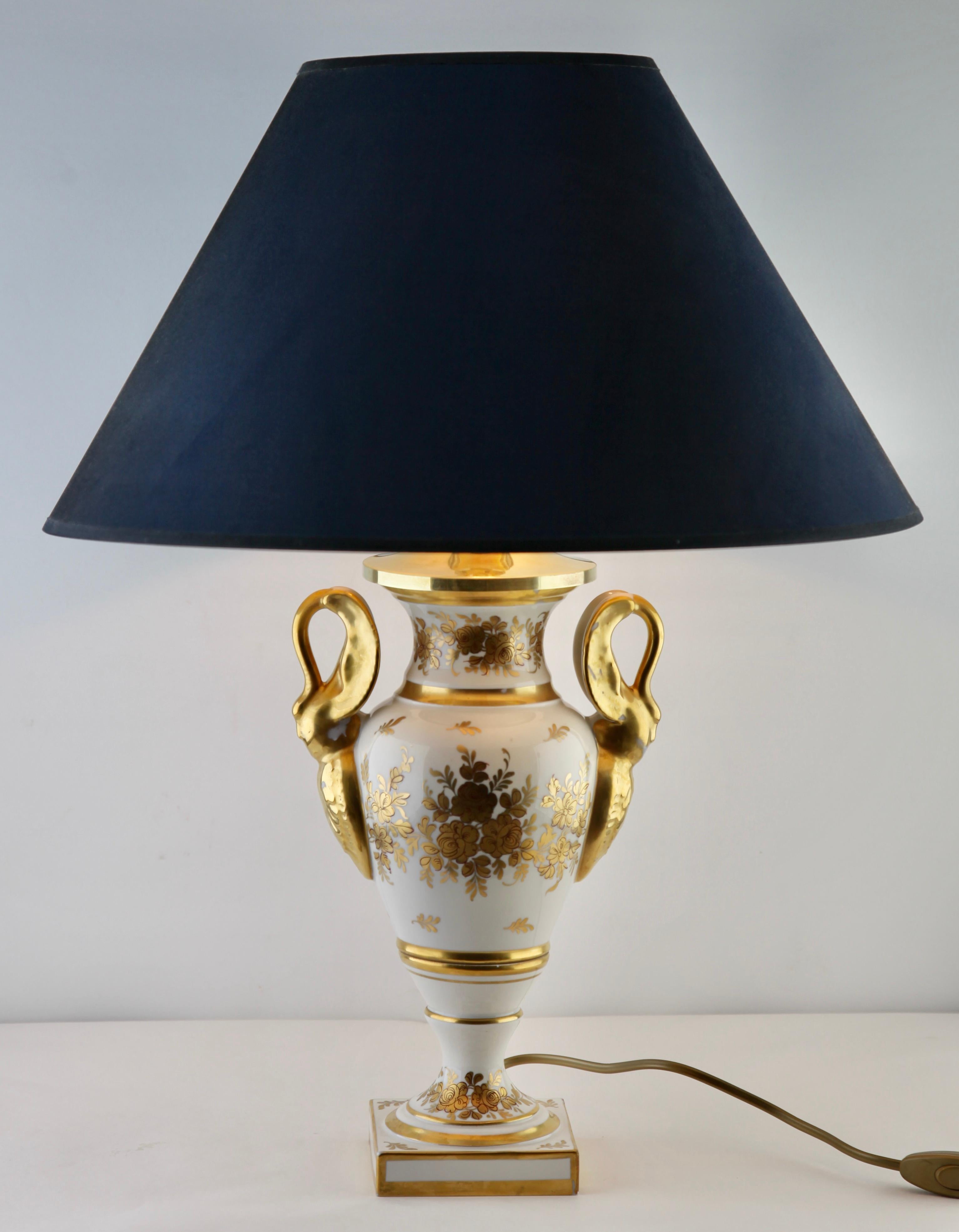 Empire Revival French Porcelain Signed Table Lamp with Hand Painted Decoration, 1930s For Sale