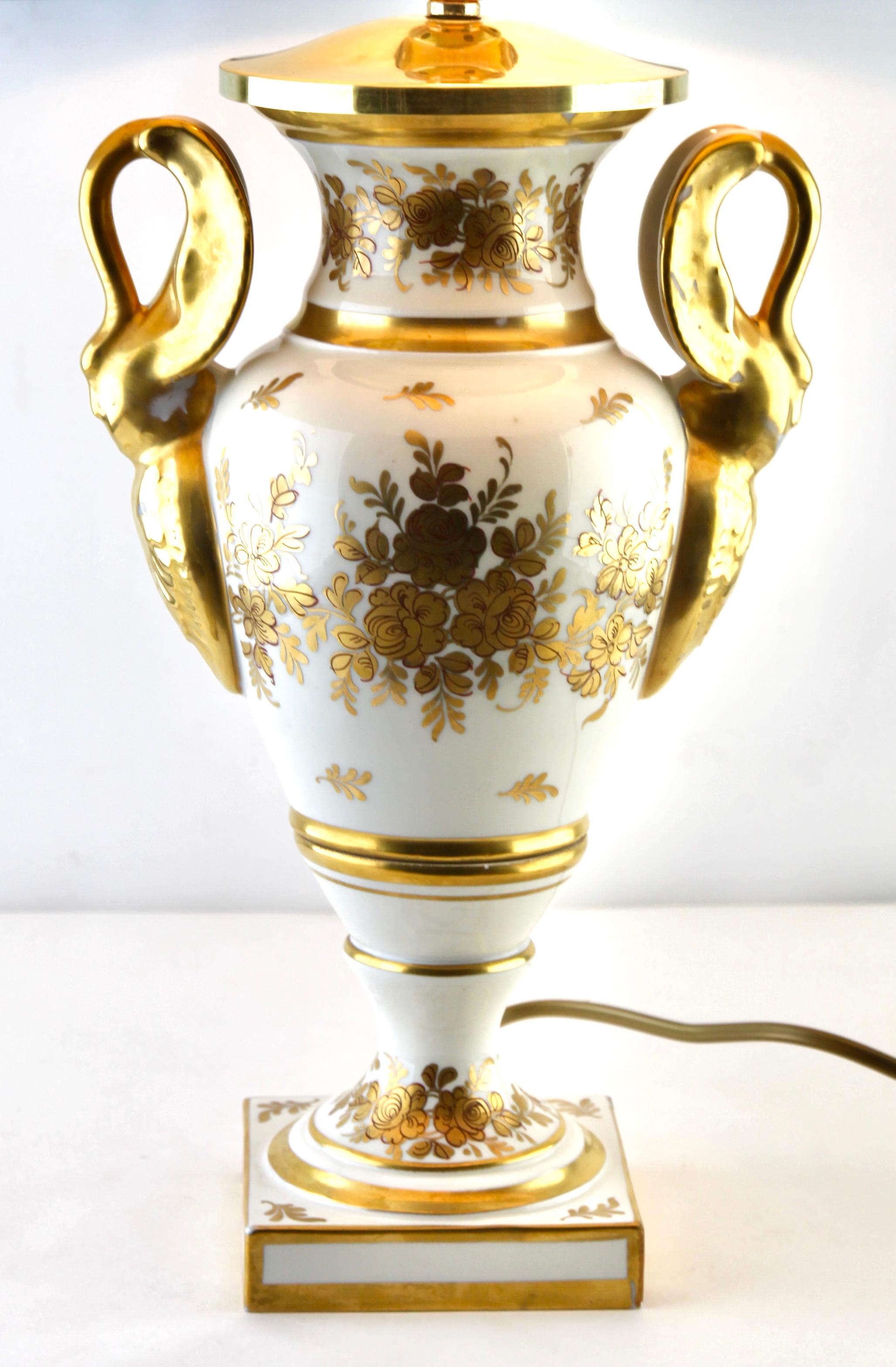 Glazed French Porcelain Signed Table Lamp with Hand Painted Decoration, 1930s For Sale