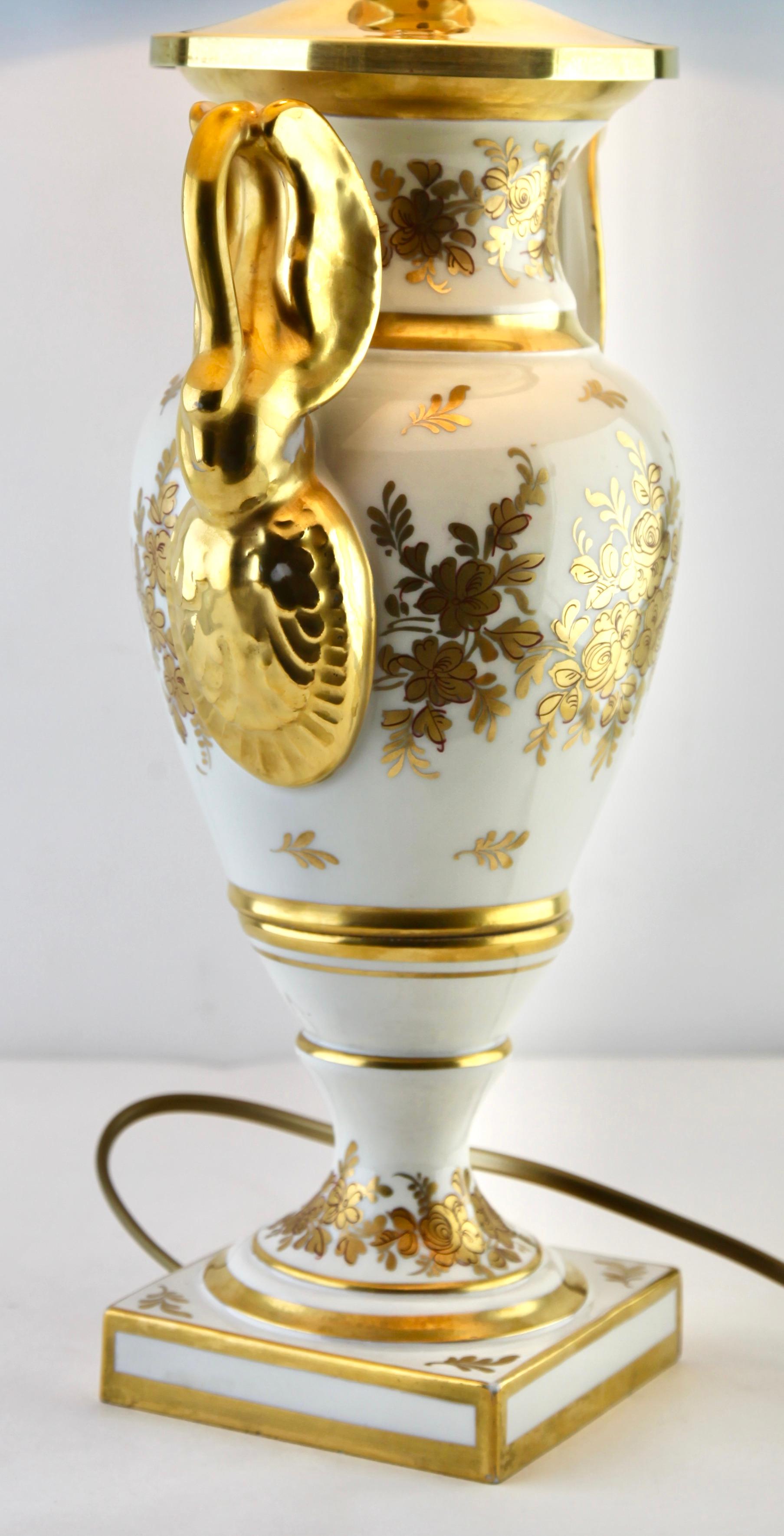 Mid-20th Century French Porcelain Signed Table Lamp with Hand Painted Decoration, 1930s For Sale