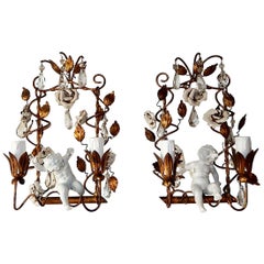 French Porcelain Swinging Cherubs Tole and White Roses with Prisms Sconces