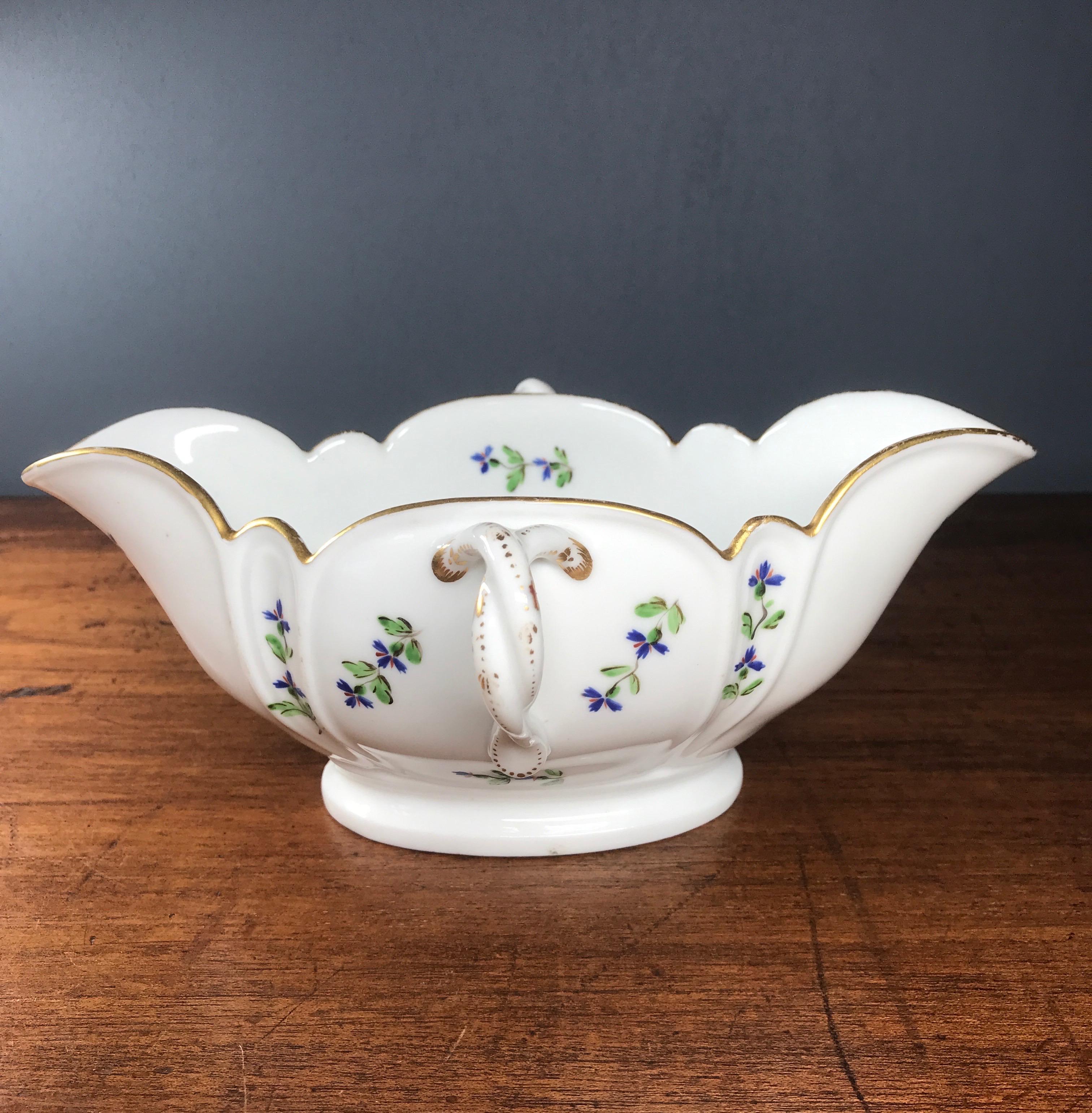 French Porcelain Twin Handled Sauceboat, Cornflower Sprigs, c.1780 In Good Condition For Sale In Geelong, Victoria