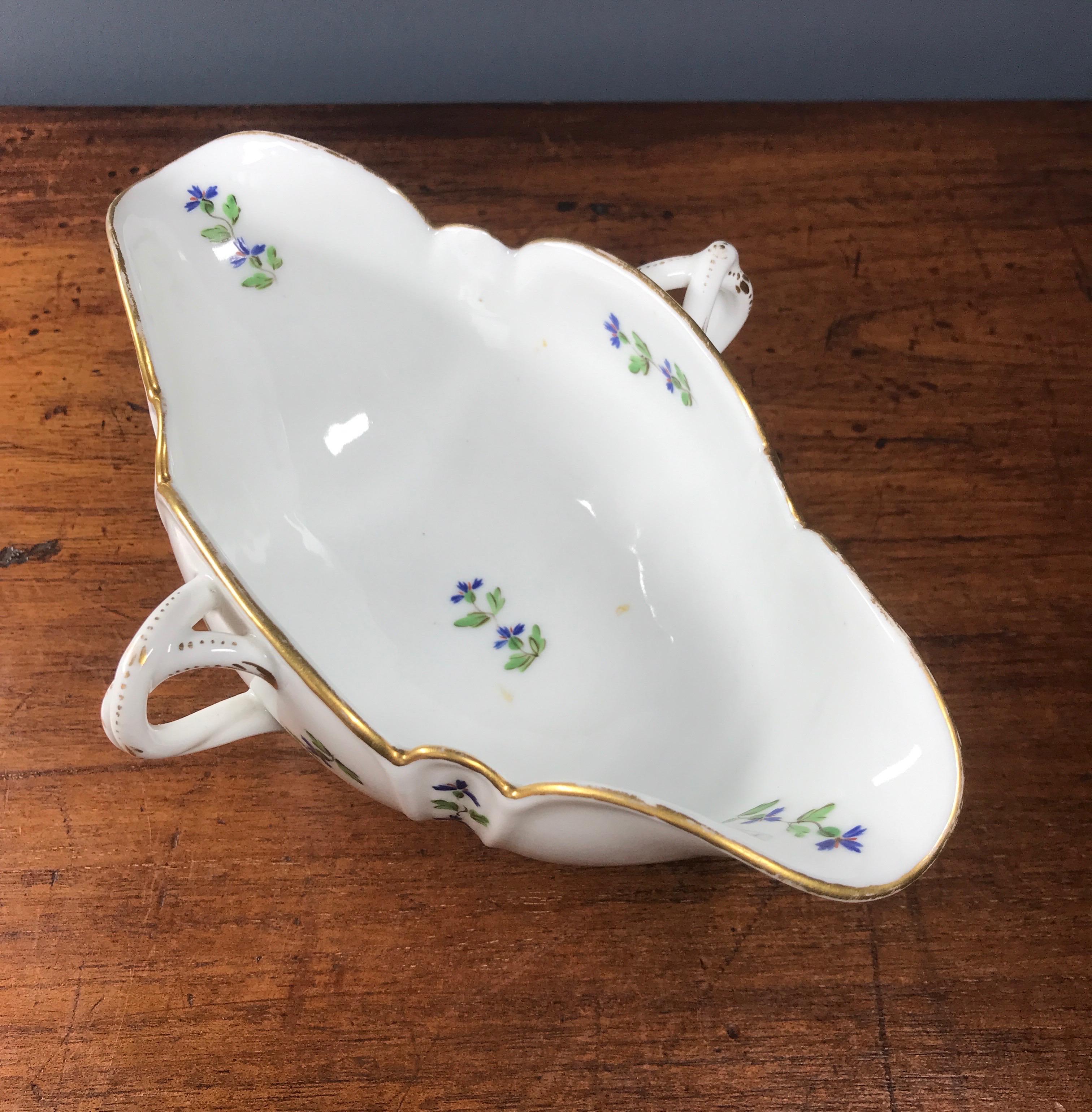 Late 18th Century French Porcelain Twin Handled Sauceboat, Cornflower Sprigs, c.1780 For Sale