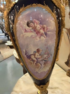 French porcelain urn Sevres style 19 th century , signed Cobalt blue