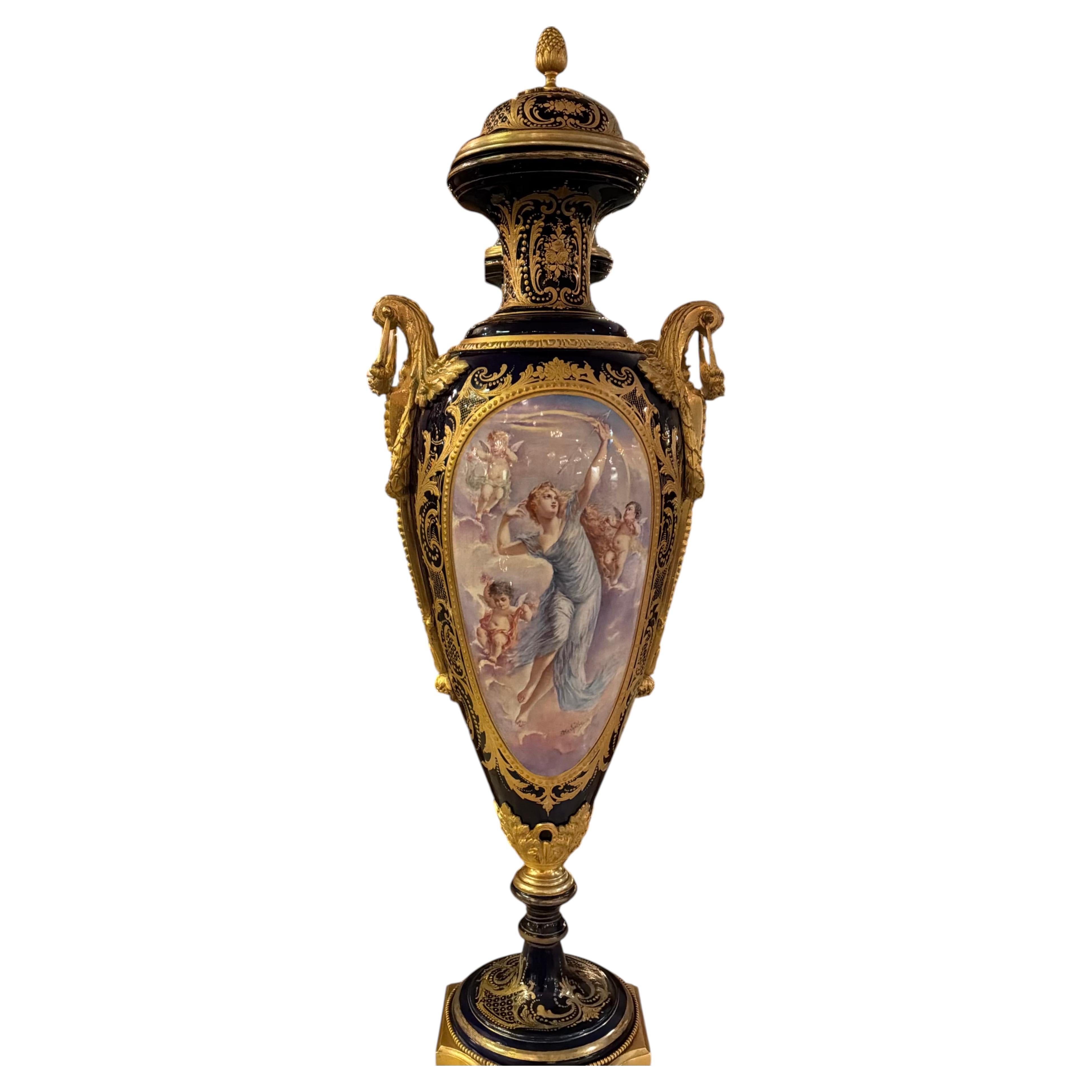 French porcelain urn Sevres style 19 th century , signed Cobalt blue