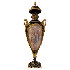 French porcelain urn Sevres style 19 th century , signed Cobalt blue