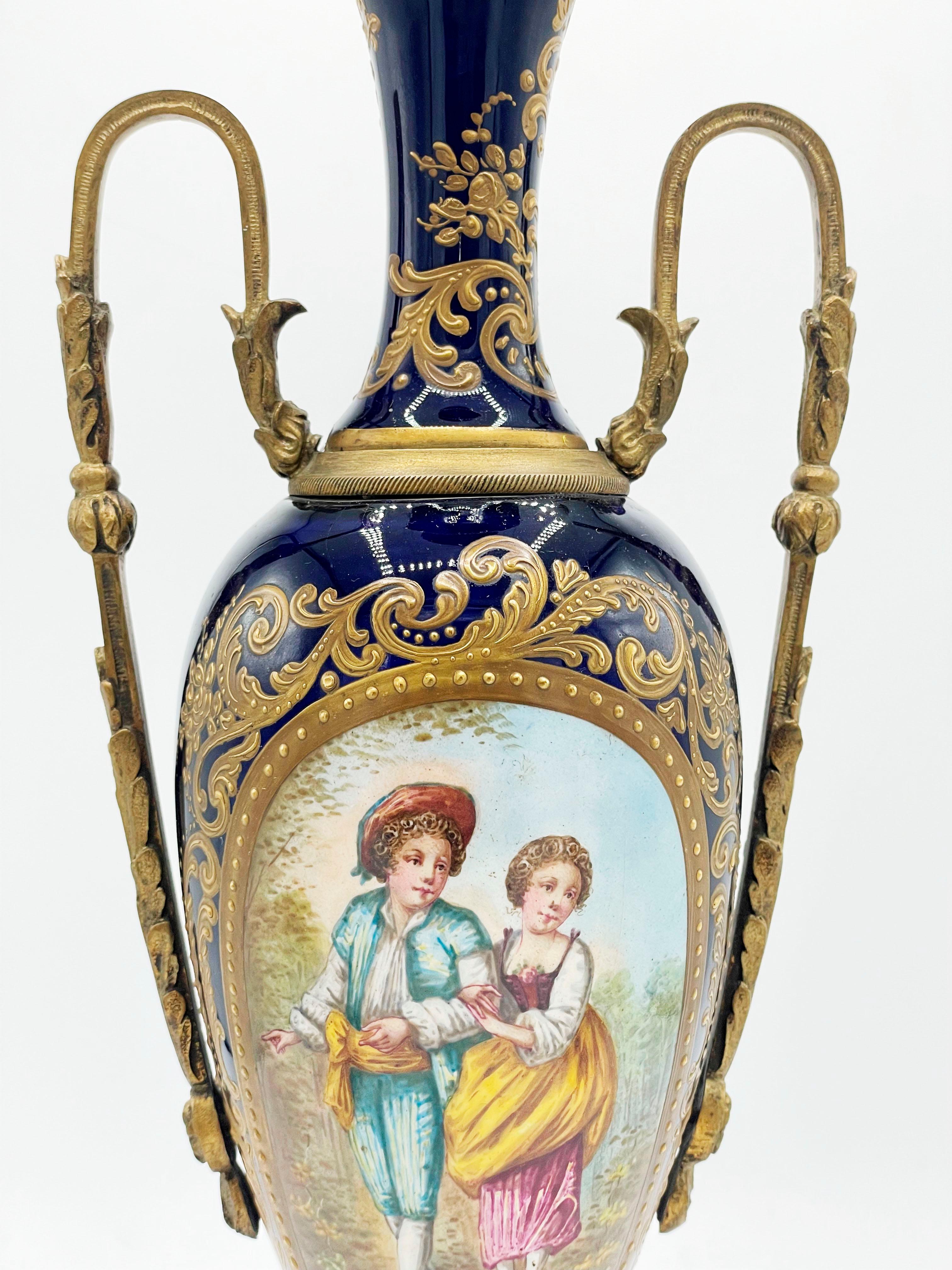Napoleon III French porcelain vase, Sevres, with Cloisonne bronze For Sale