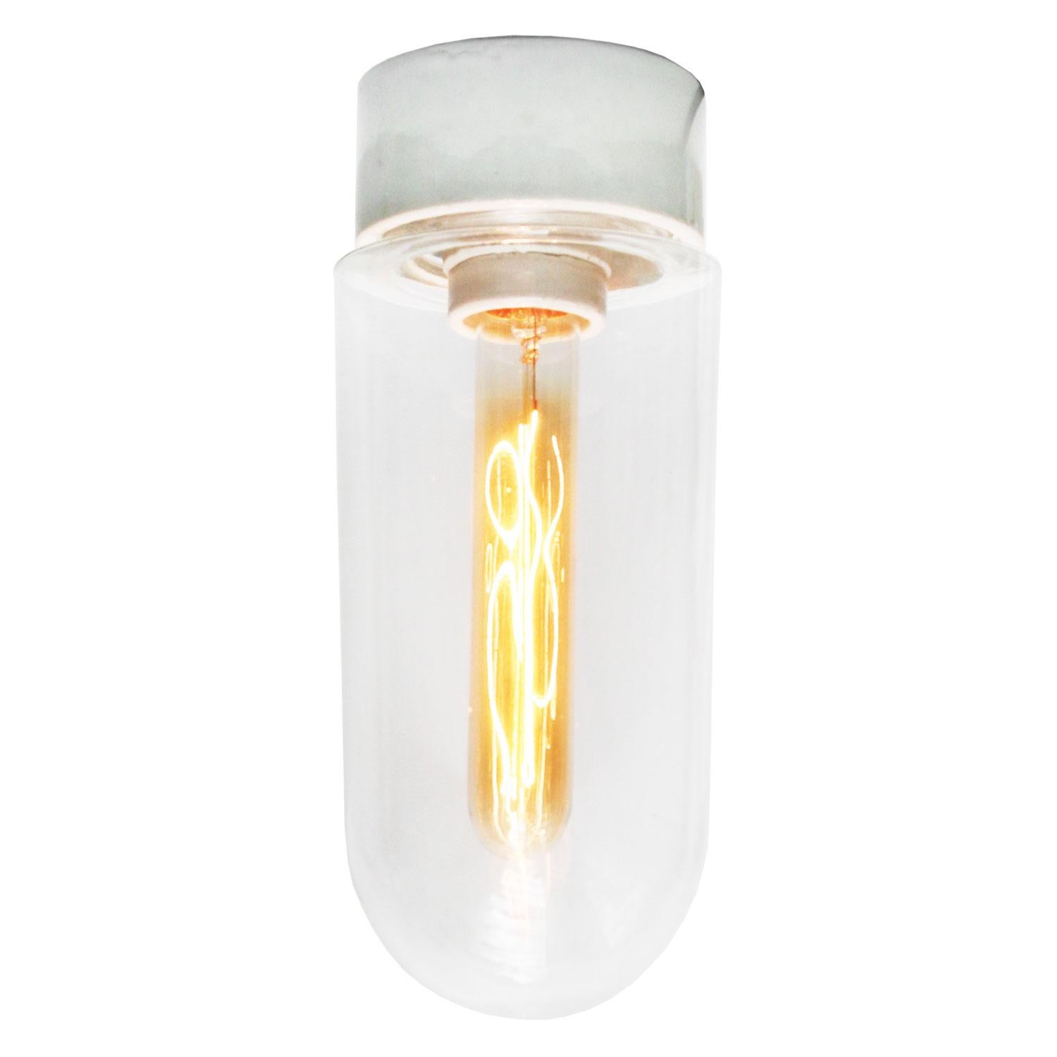 French Porcelain Vintage Industrial Clear Glass Flush Mount Ceiling Lights In Good Condition In Amsterdam, NL