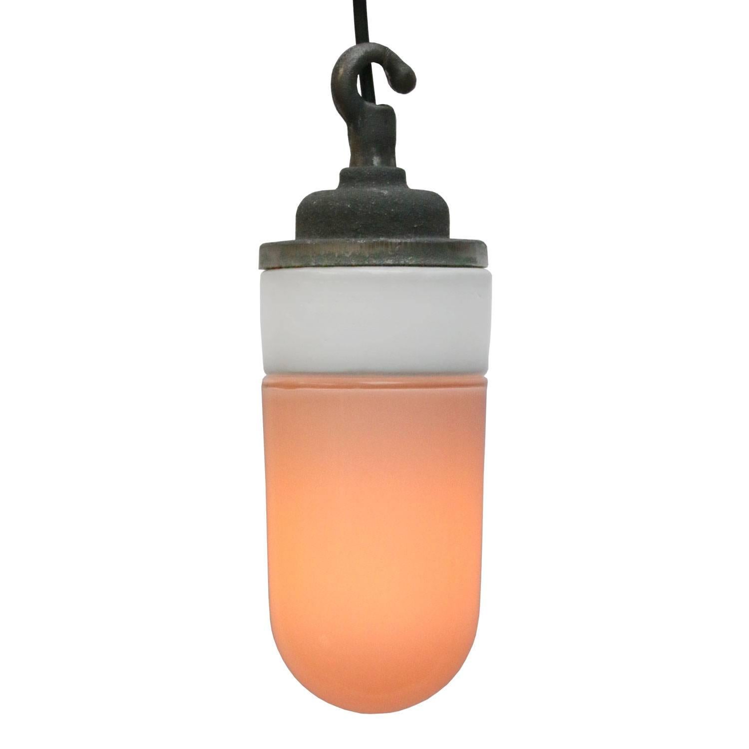 Industrial hanging lamp. White porcelain. Opaline glass.
Two conductors. No ground.

Weight: 1.7 kg / 3.7 lb

All lamps have been made suitable by international standards for incandescent light bulbs, energy-efficient and LED bulbs. E26/E27 bulb