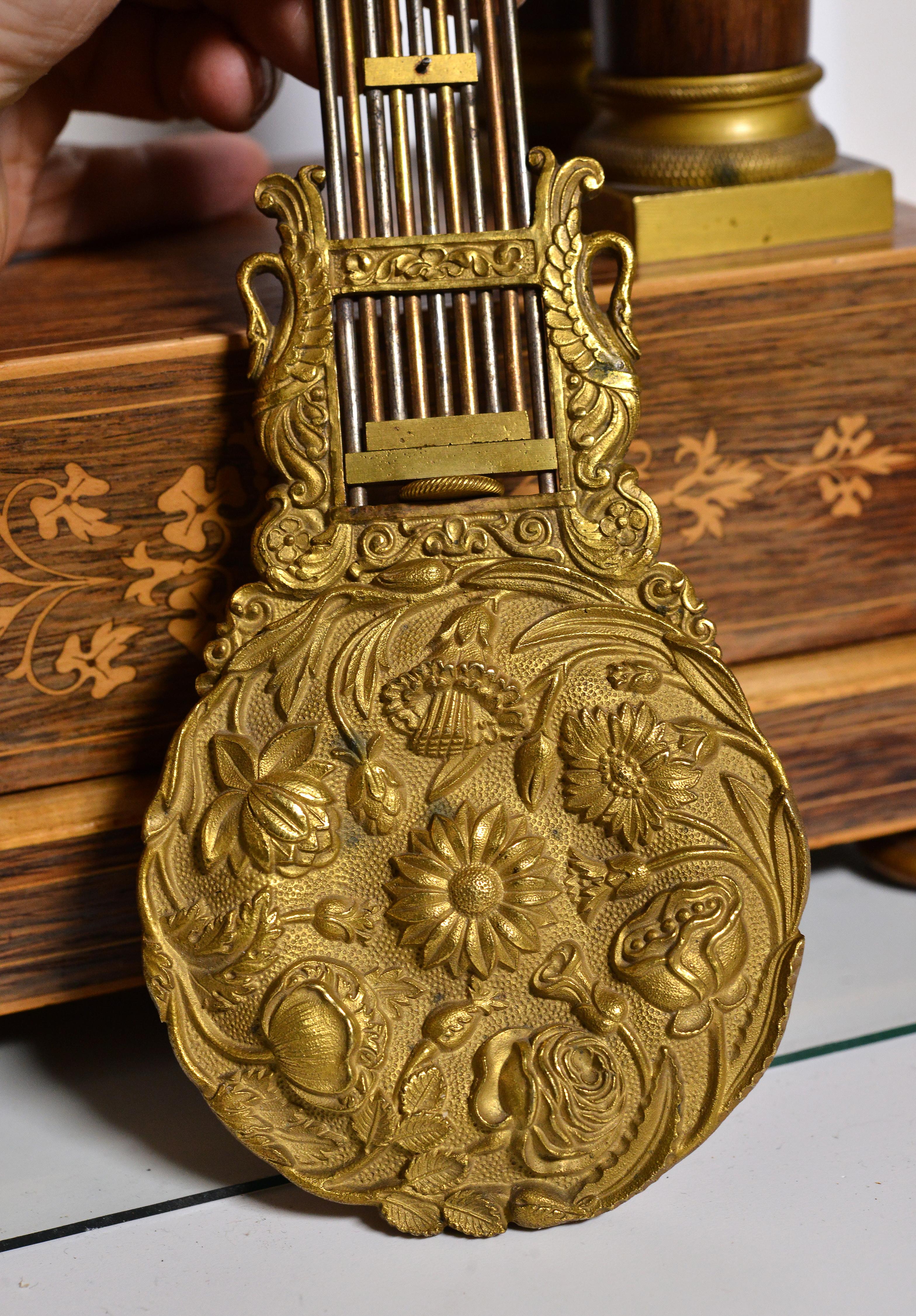 French Portico clock Rosewood n Marquetry early 19th century Gilt n Silverplated For Sale 4