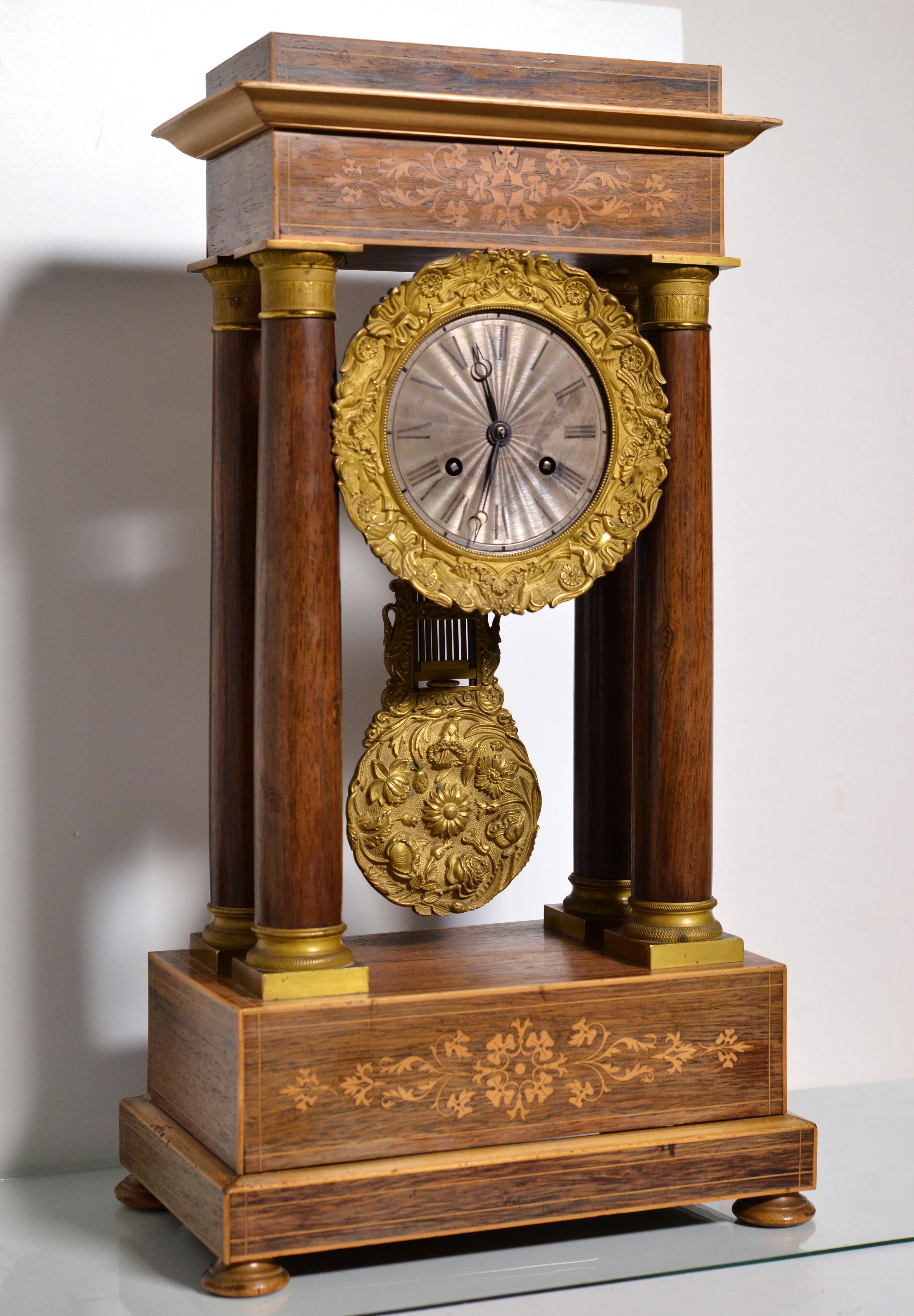 Charles X French Portico clock Rosewood n Marquetry early 19th century Gilt n Silverplated For Sale
