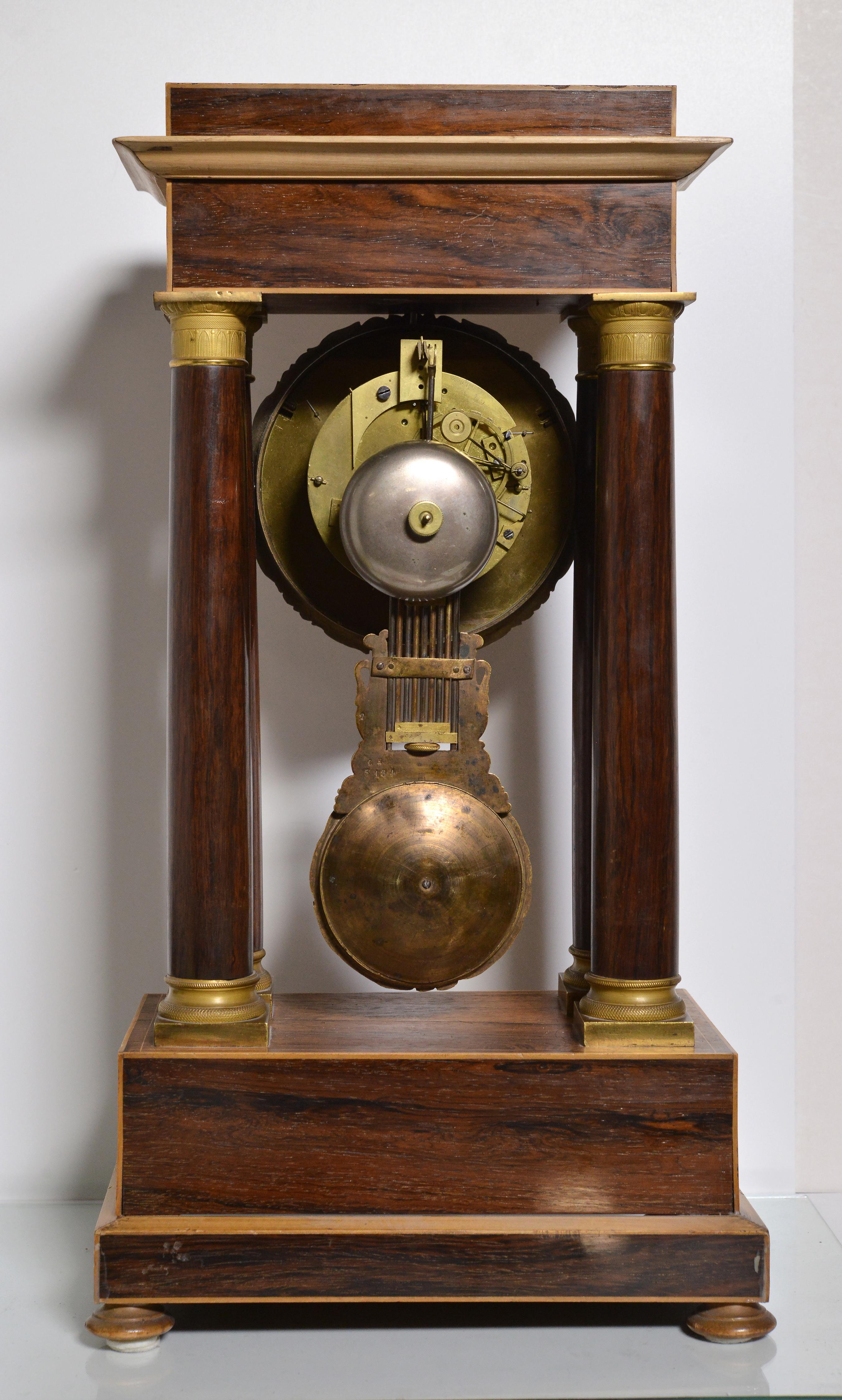 French Portico clock Rosewood n Marquetry early 19th century Gilt n Silverplated For Sale 2